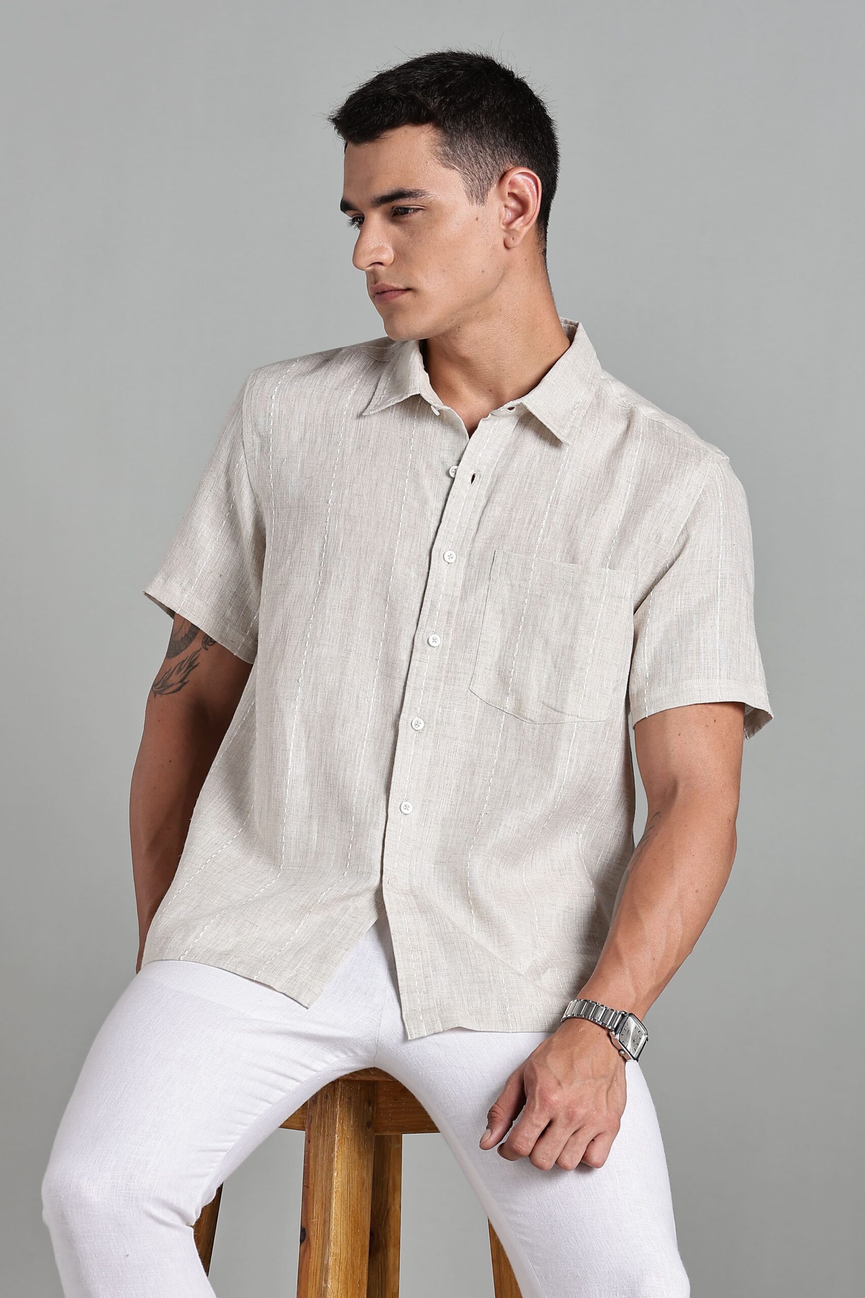 LINEN 100%  MENS SHIRT HALF SLEEVES SLIT AT SIDE - BEIGE - Image 2