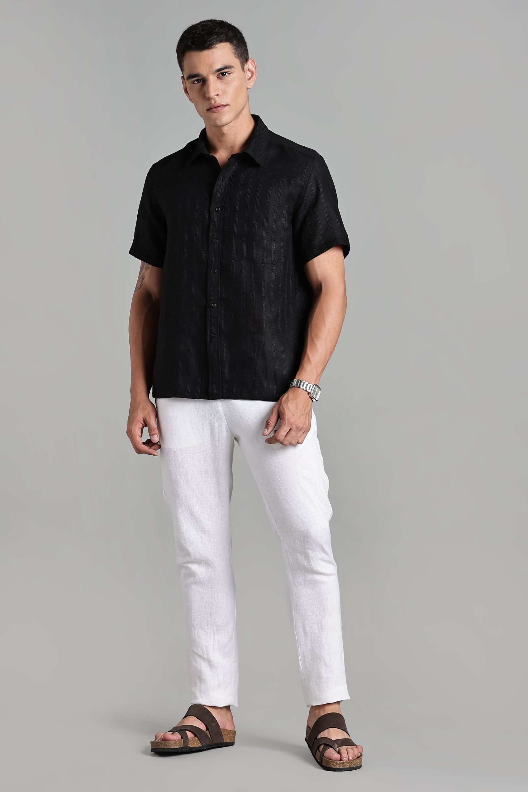 LINEN 100%  MENS SHIRT HALF SLEEVES SLIT AT SIDE - BLACK - Image 2