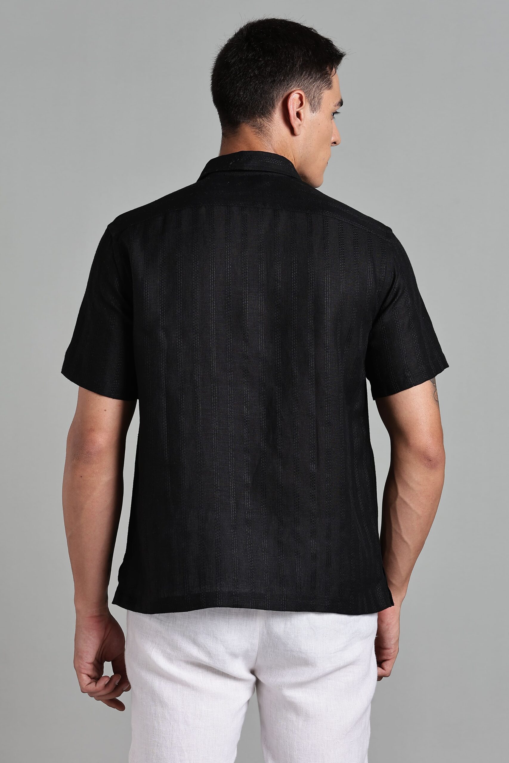 LINEN 100%  MENS SHIRT HALF SLEEVES SLIT AT SIDE - BLACK - Image 7