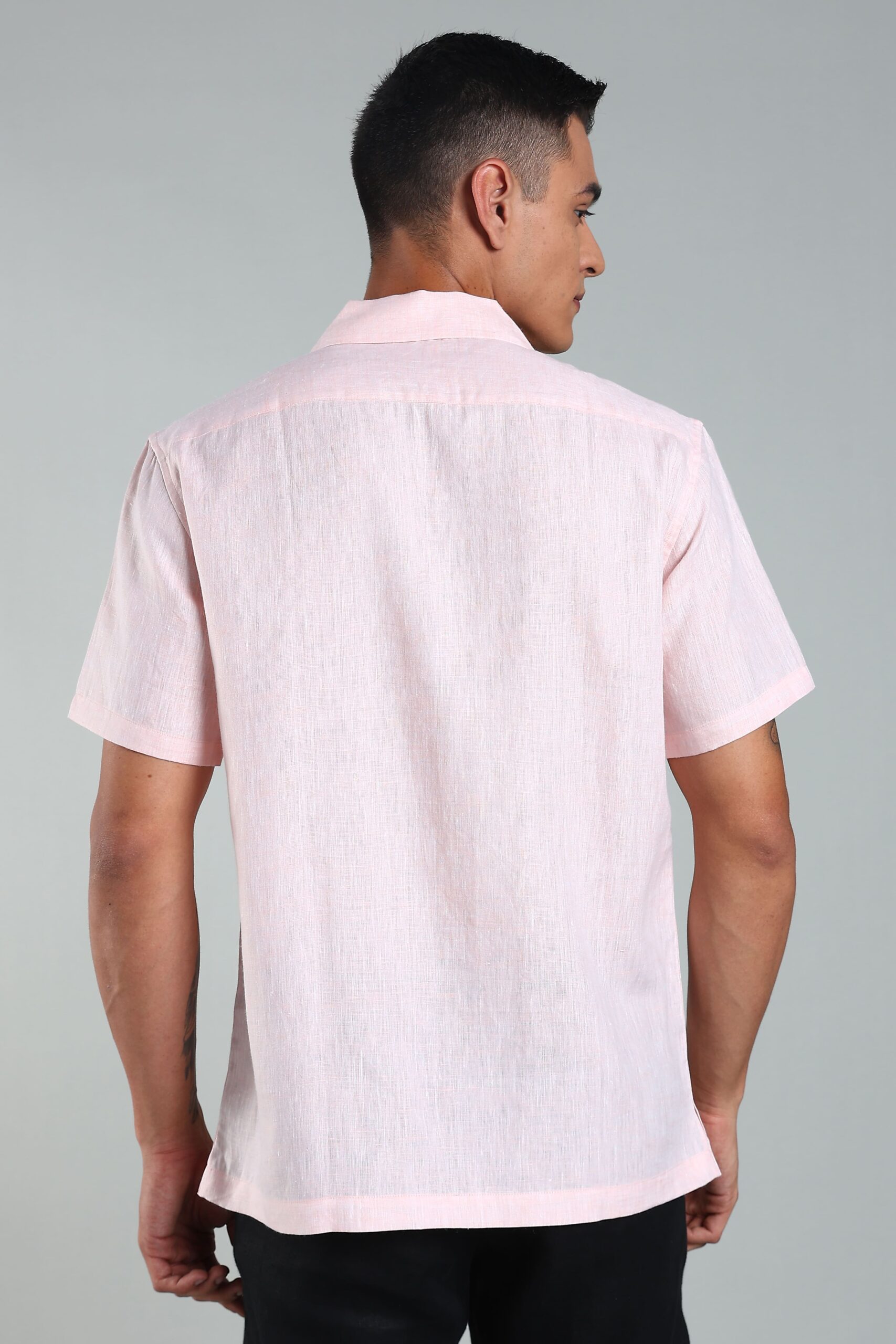 LINEN 100%  MENS SHIRT CUBAN COLLAR  HALF SLEEVES SLIT AT SIDE - PINK - Image 8