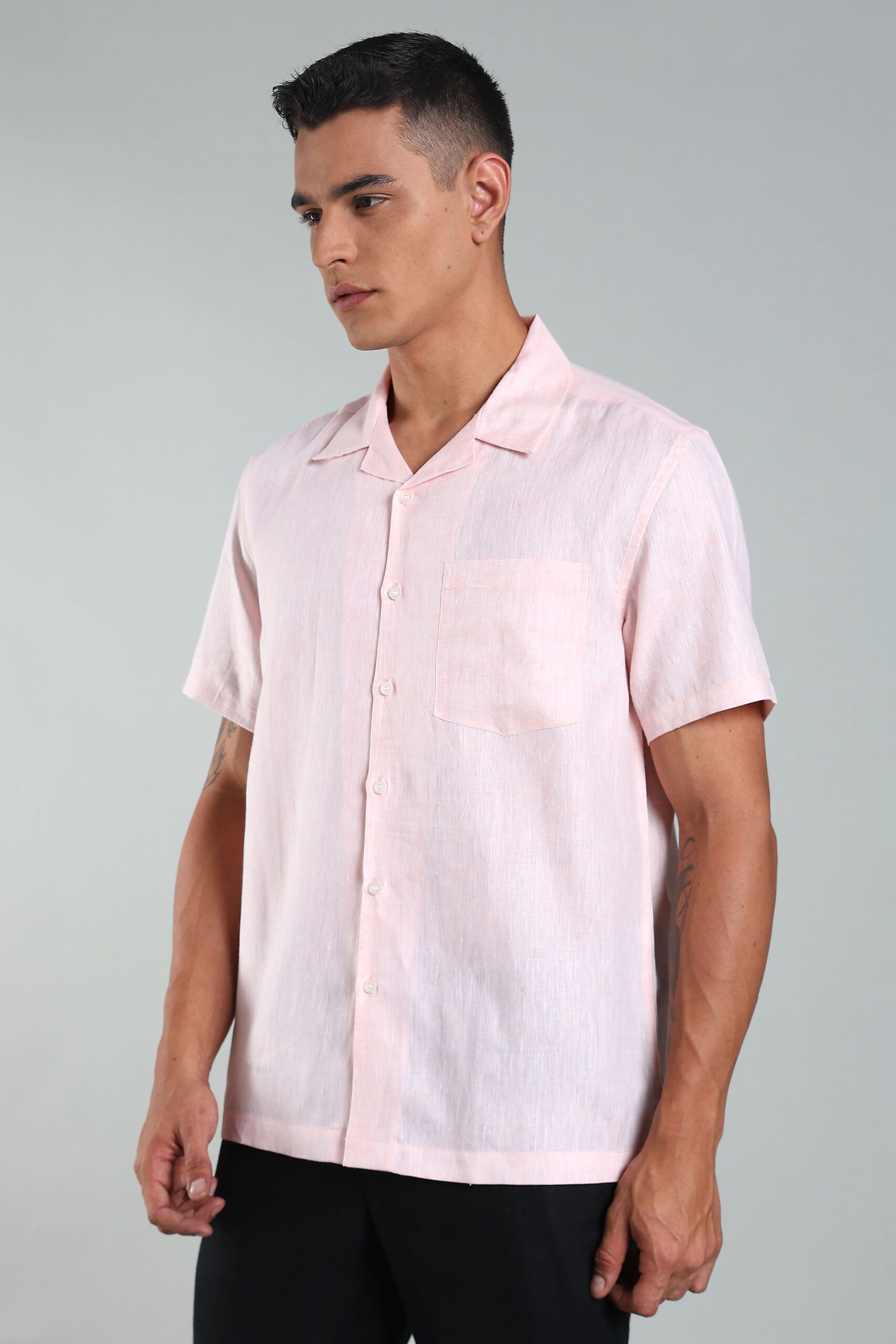 LINEN 100%  MENS SHIRT CUBAN COLLAR  HALF SLEEVES SLIT AT SIDE - PINK - Image 7