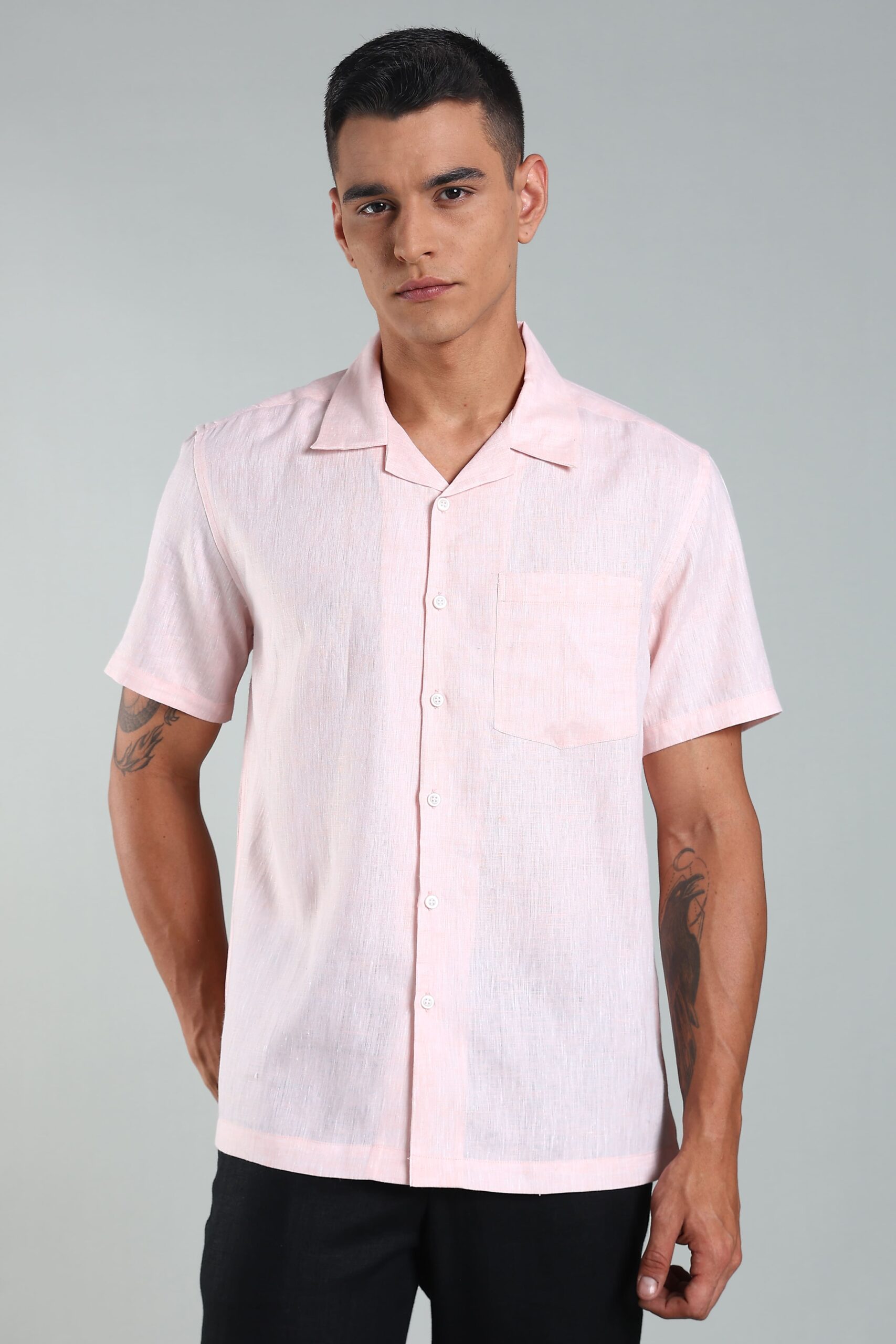 LINEN 100%  MENS SHIRT CUBAN COLLAR  HALF SLEEVES SLIT AT SIDE - PINK