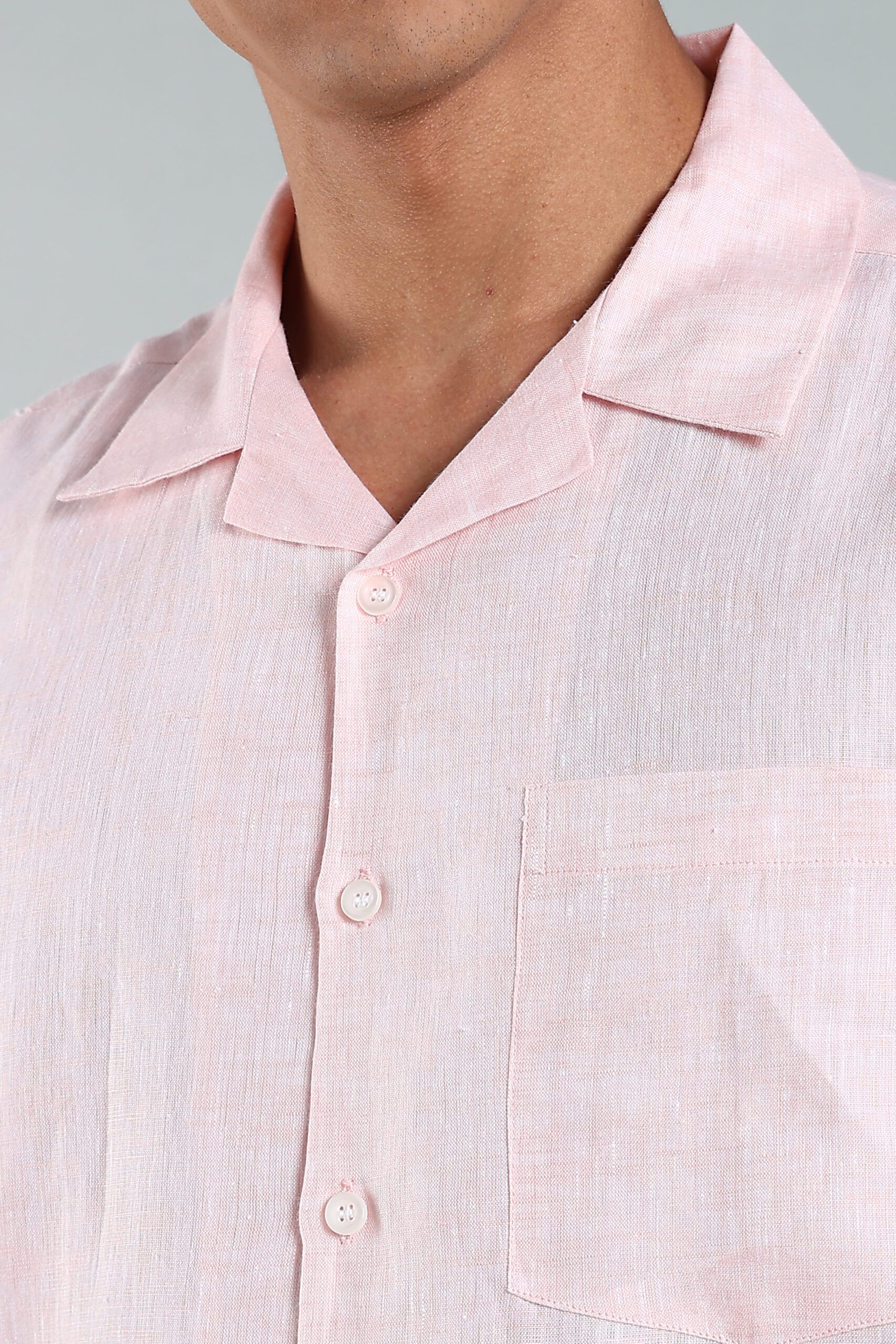 LINEN 100%  MENS SHIRT CUBAN COLLAR  HALF SLEEVES SLIT AT SIDE - PINK - Image 6