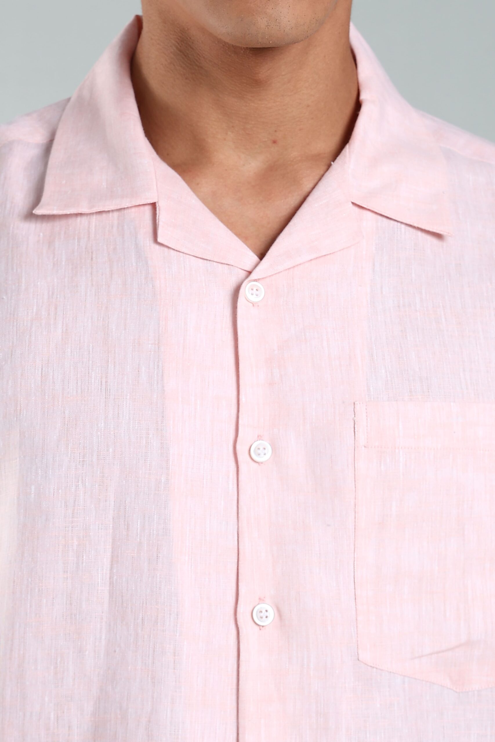 LINEN 100%  MENS SHIRT CUBAN COLLAR  HALF SLEEVES SLIT AT SIDE - PINK - Image 5