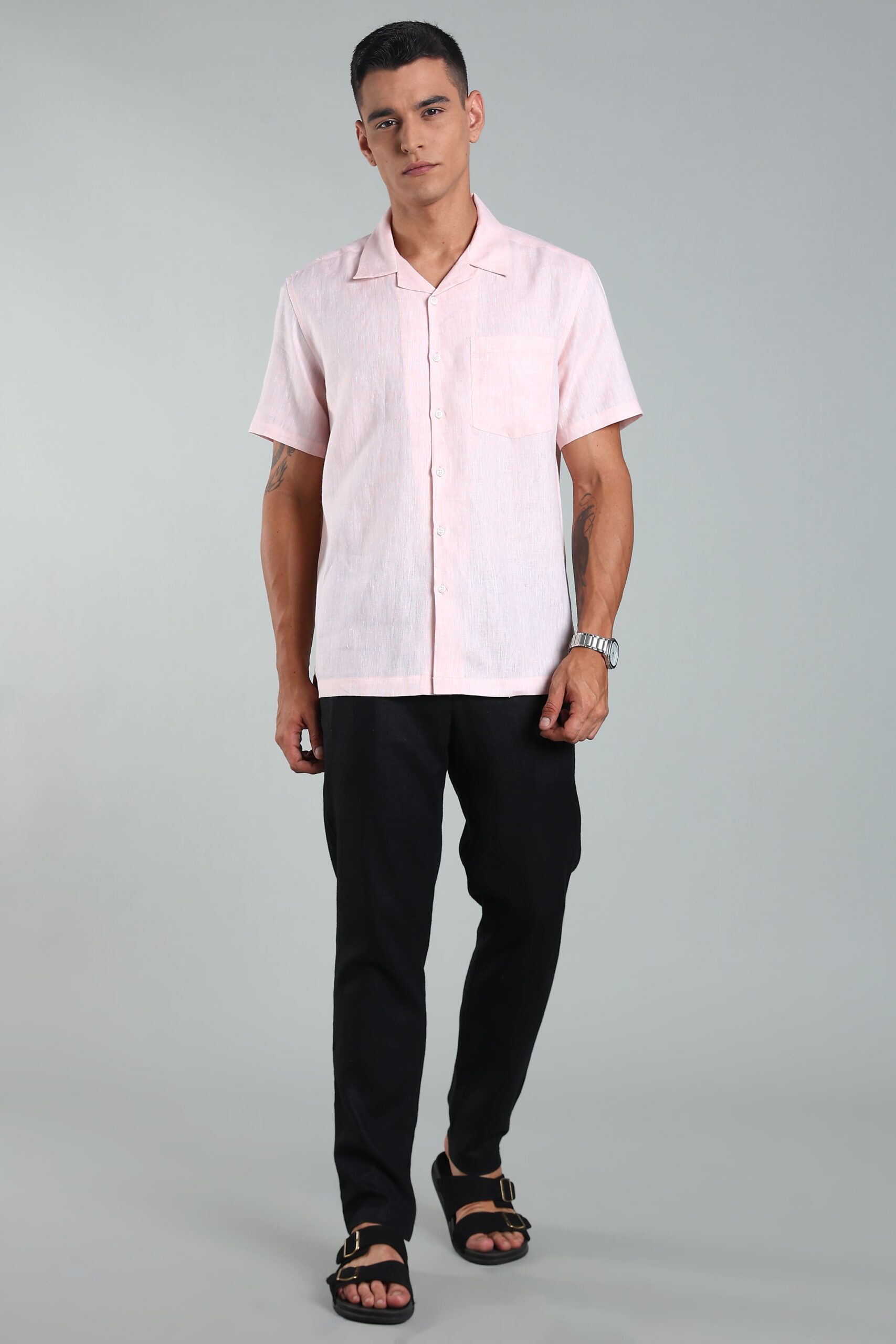 LINEN 100%  MENS SHIRT CUBAN COLLAR  HALF SLEEVES SLIT AT SIDE - PINK - Image 3