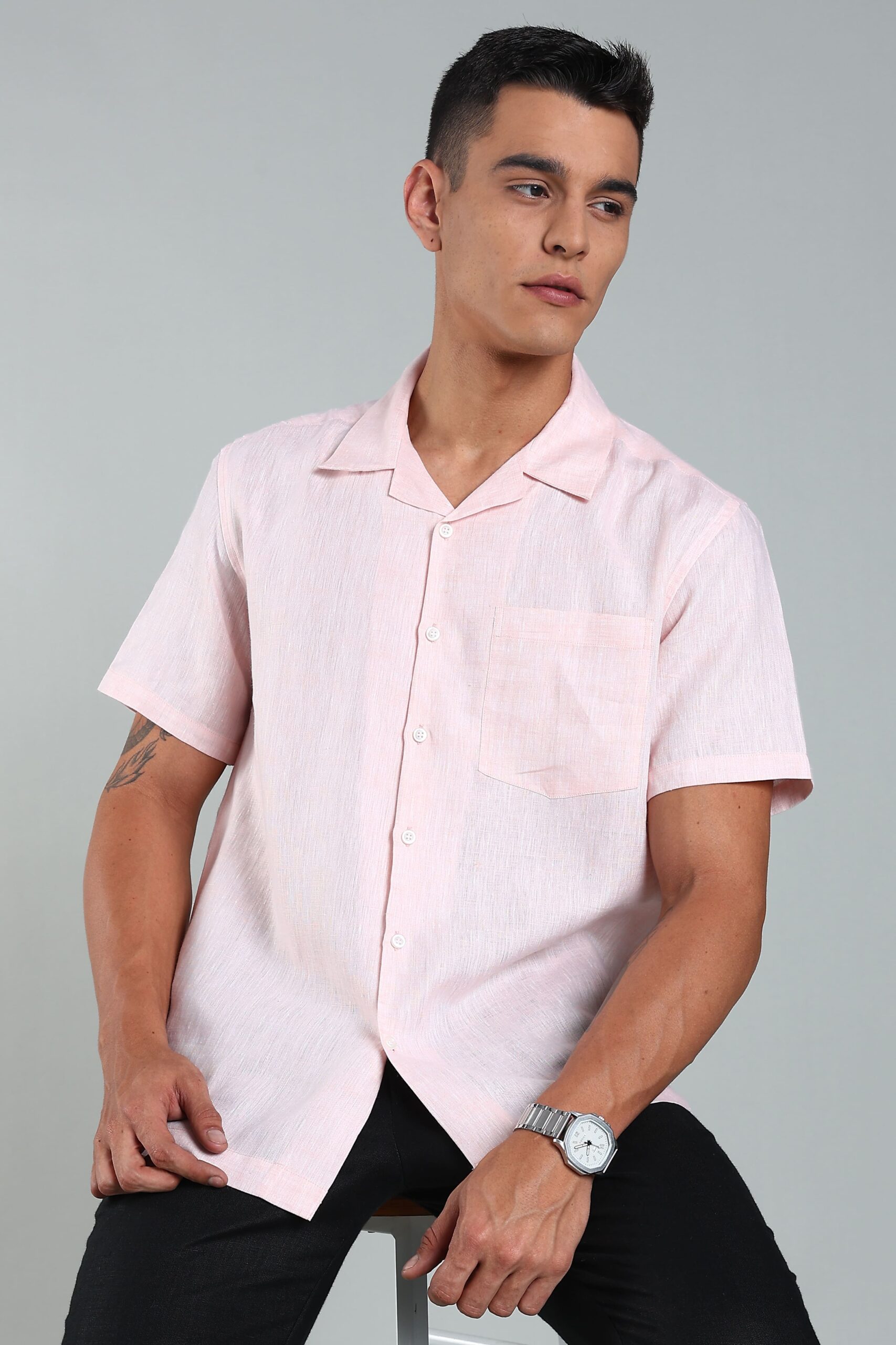 LINEN 100%  MENS SHIRT CUBAN COLLAR  HALF SLEEVES SLIT AT SIDE - PINK - Image 2