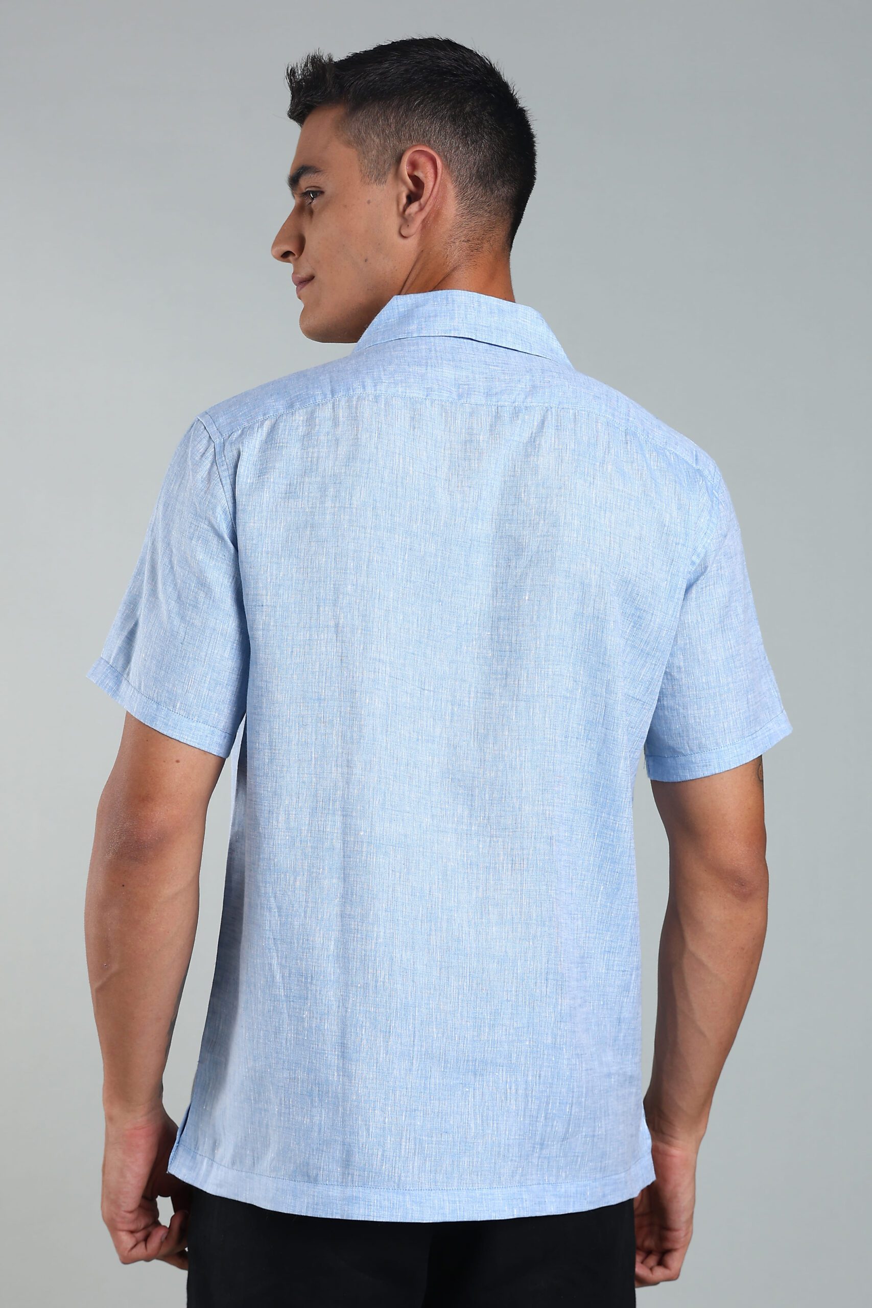 LINEN 100%  MENS SHIRT CUBAN COLLAR  HALF SLEEVES SLIT AT SIDE - BLUE - Image 6
