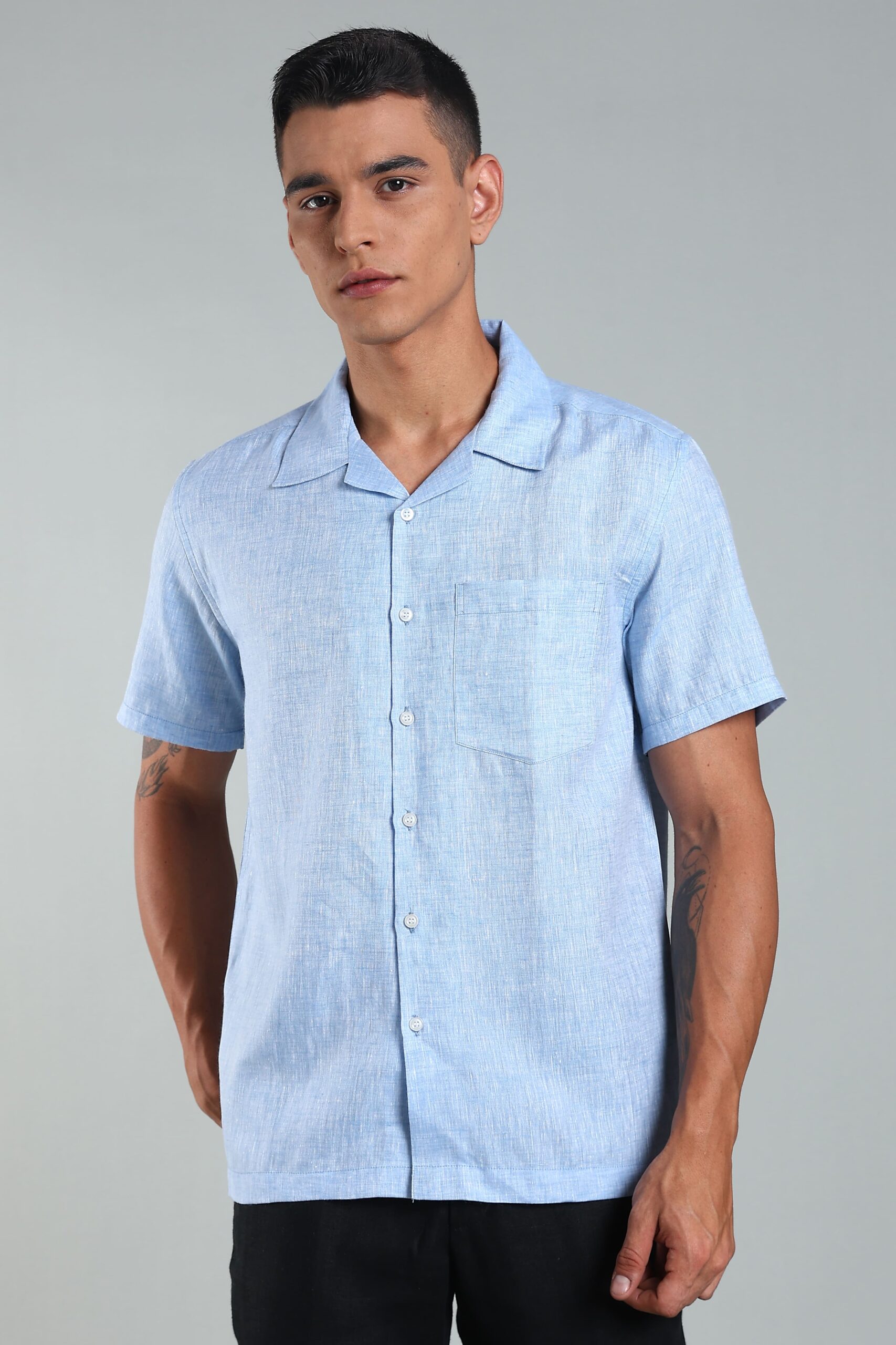 LINEN 100%  MENS SHIRT CUBAN COLLAR  HALF SLEEVES SLIT AT SIDE - BLUE