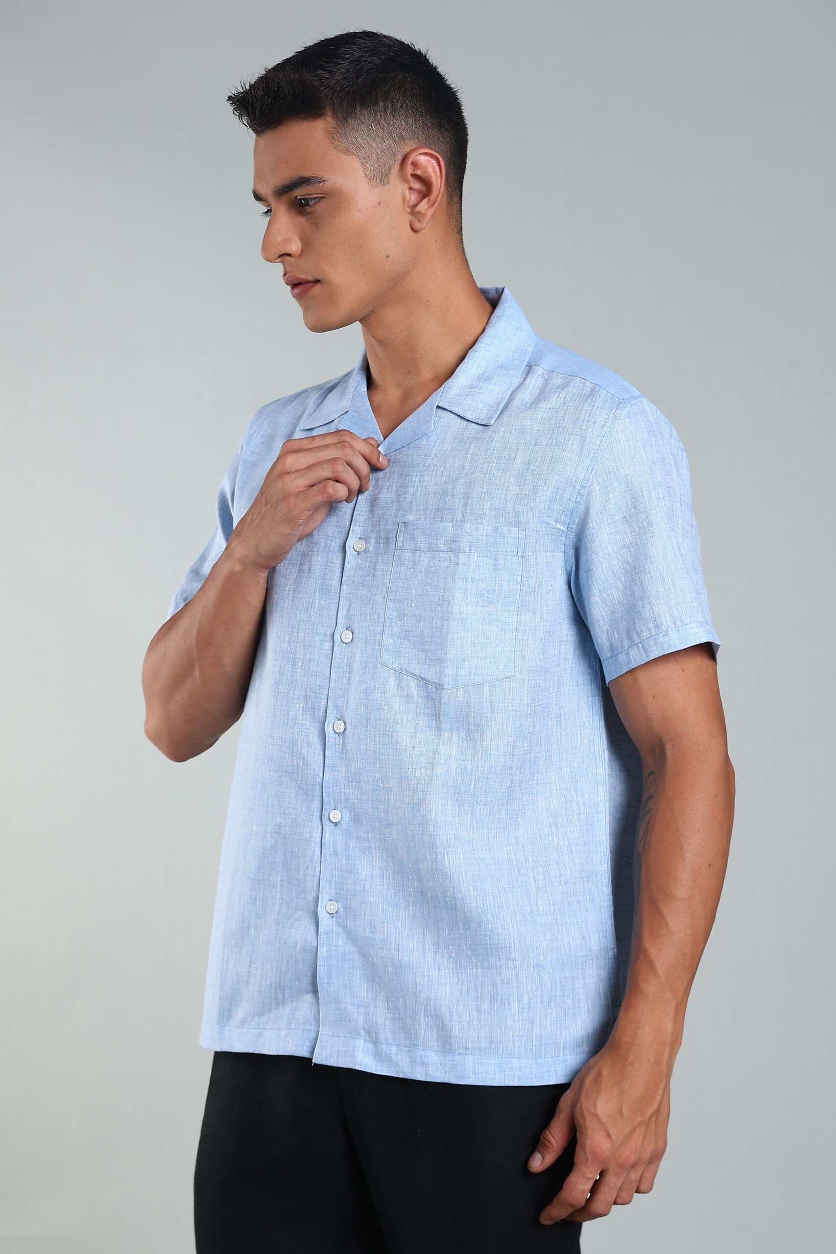 LINEN 100%  MENS SHIRT CUBAN COLLAR  HALF SLEEVES SLIT AT SIDE - BLUE - Image 7