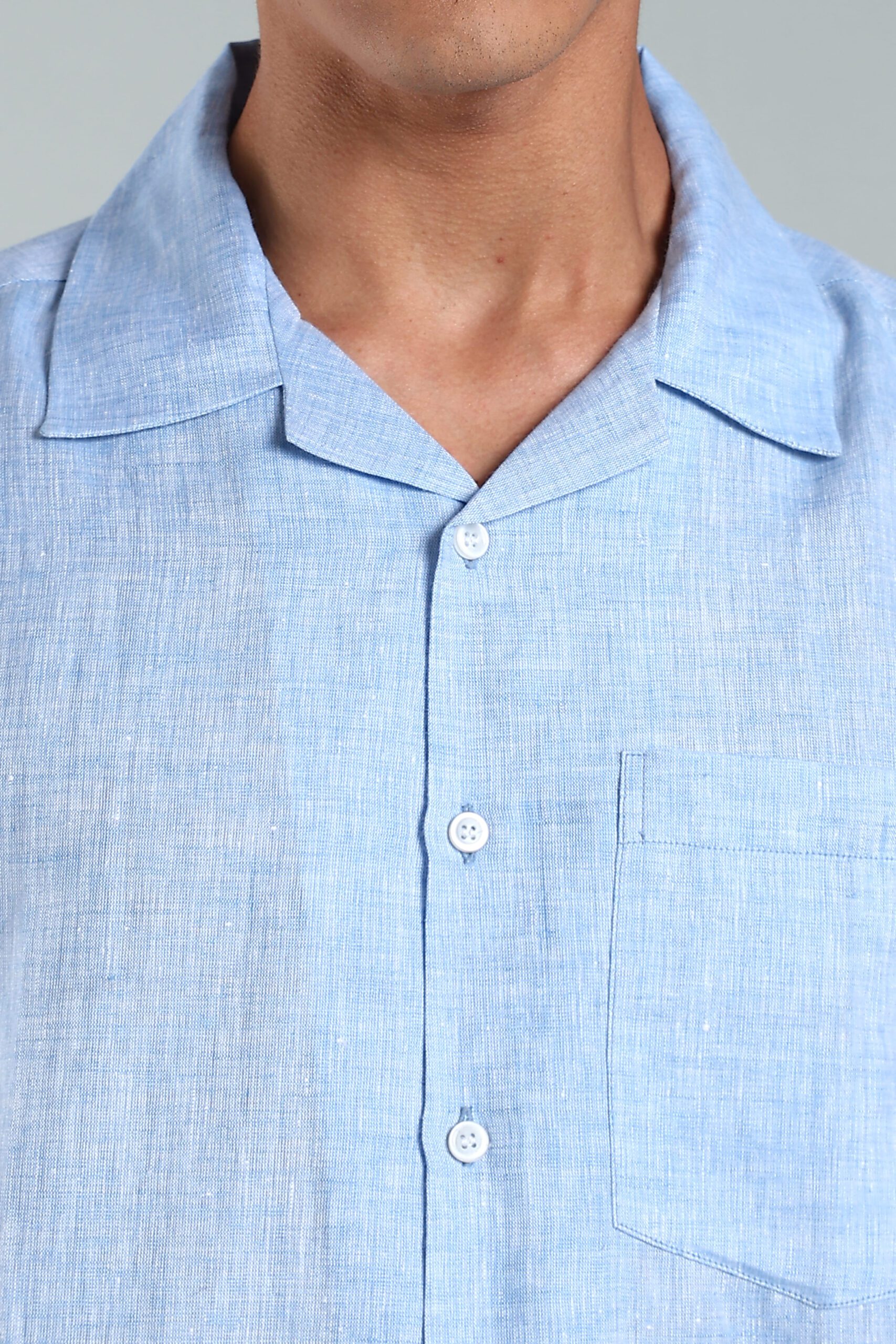 LINEN 100%  MENS SHIRT CUBAN COLLAR  HALF SLEEVES SLIT AT SIDE - BLUE - Image 5