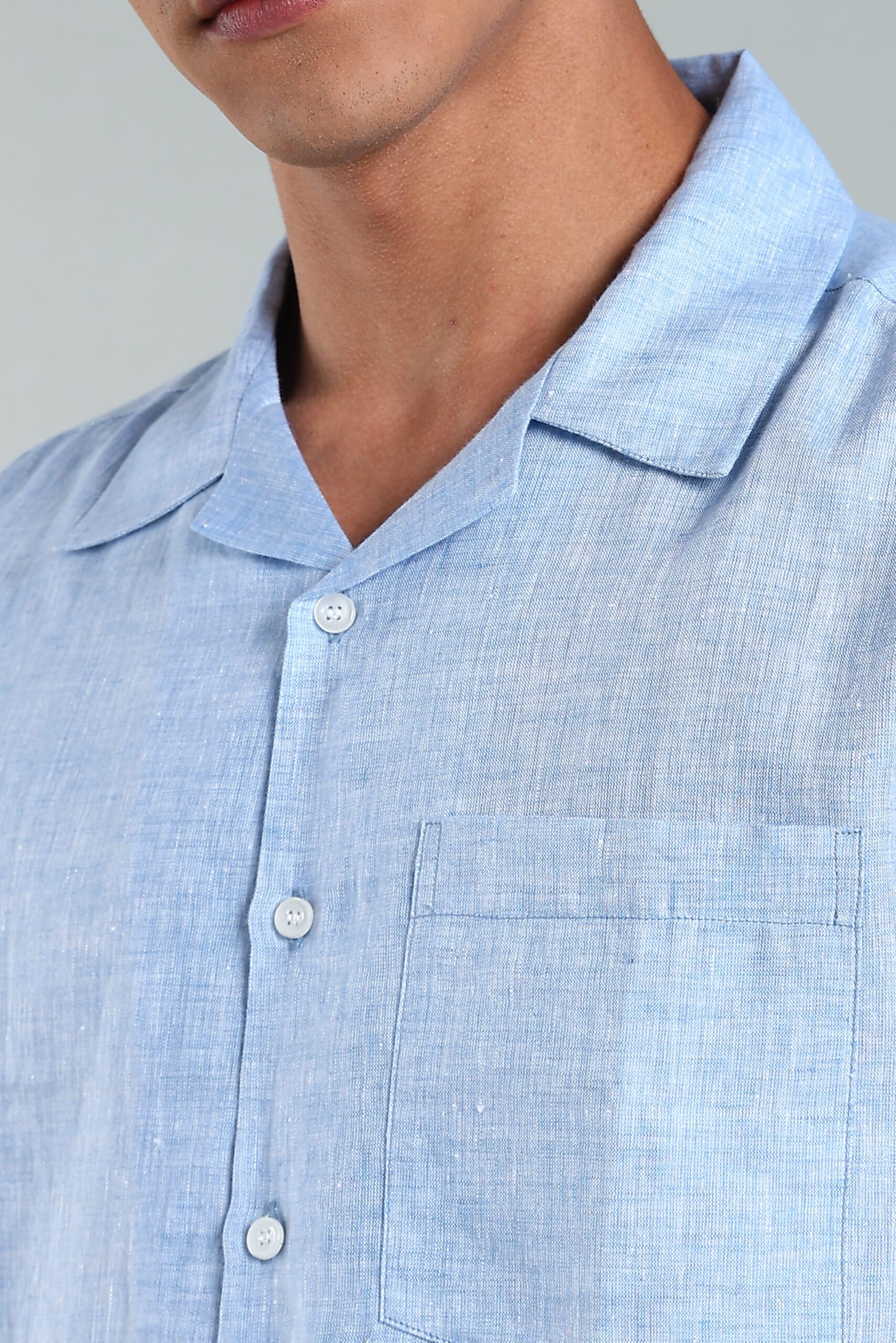 LINEN 100%  MENS SHIRT CUBAN COLLAR  HALF SLEEVES SLIT AT SIDE - BLUE - Image 4