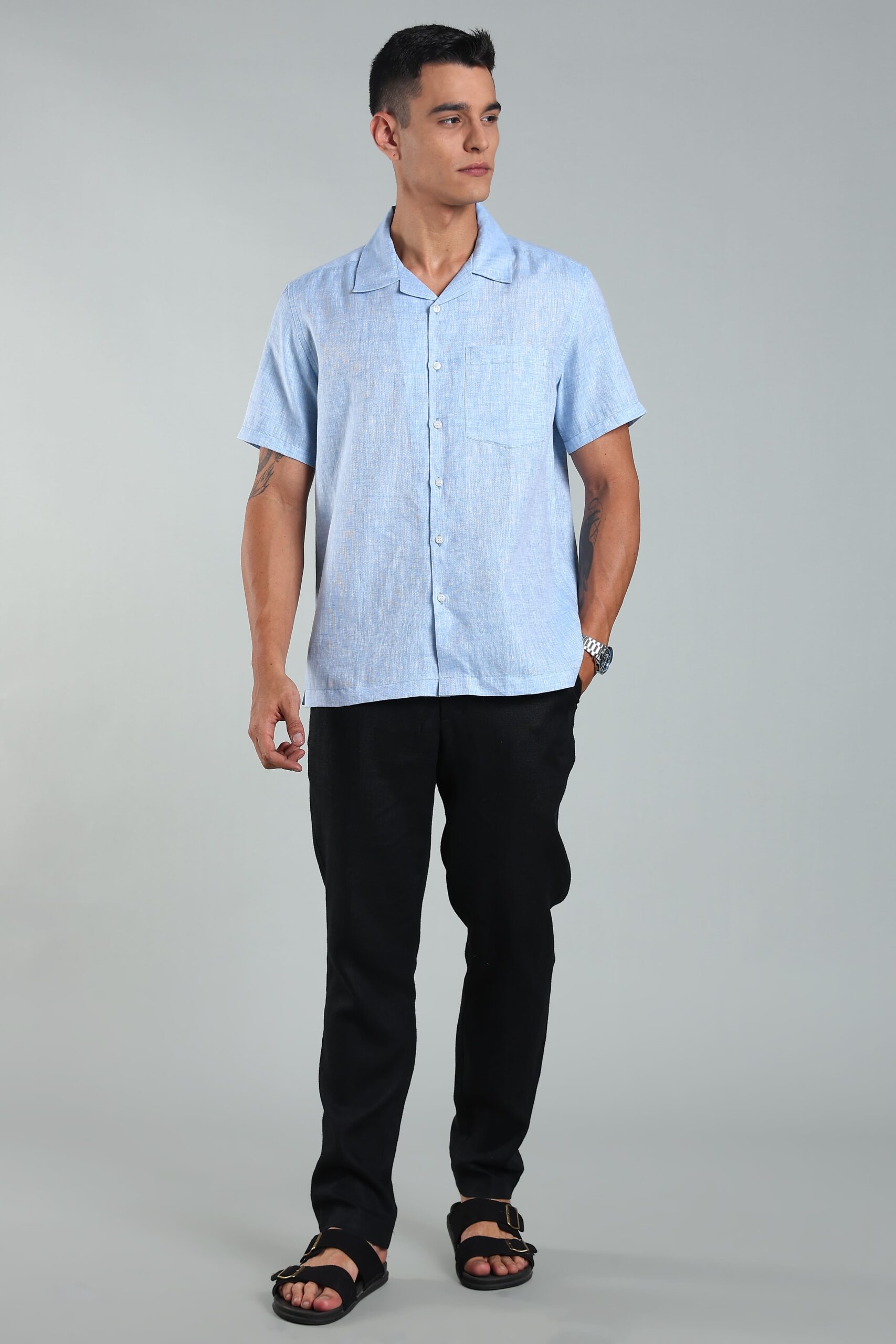 LINEN 100%  MENS SHIRT CUBAN COLLAR  HALF SLEEVES SLIT AT SIDE - BLUE - Image 3