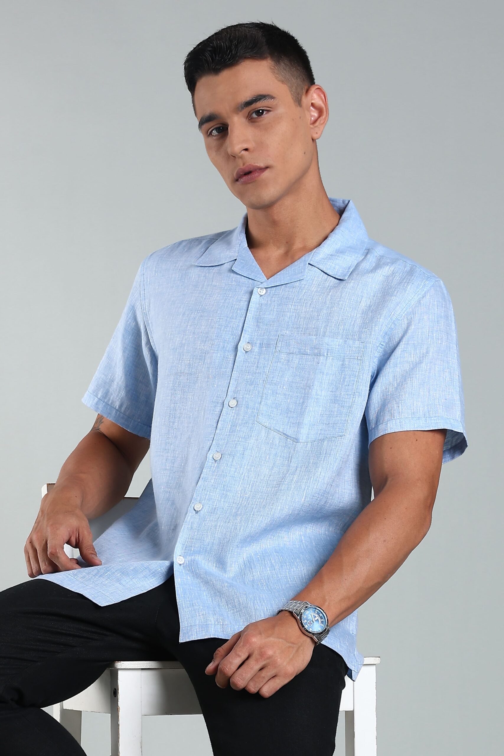 LINEN 100%  MENS SHIRT CUBAN COLLAR  HALF SLEEVES SLIT AT SIDE - BLUE - Image 2