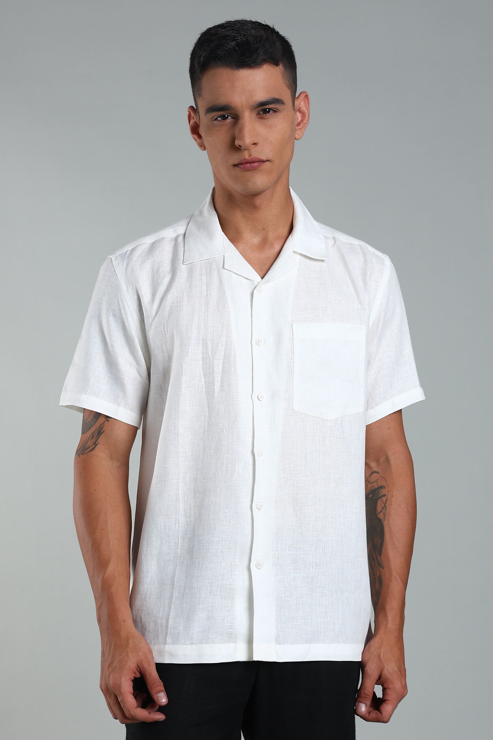 LINEN 100%  MENS SHIRT CUBAN COLLAR  HALF SLEEVES SLIT AT SIDE - WHITE