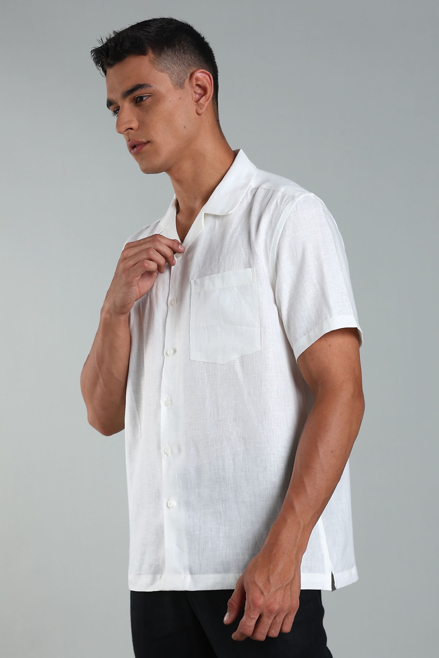 LINEN 100%  MENS SHIRT CUBAN COLLAR  HALF SLEEVES SLIT AT SIDE - WHITE - Image 7