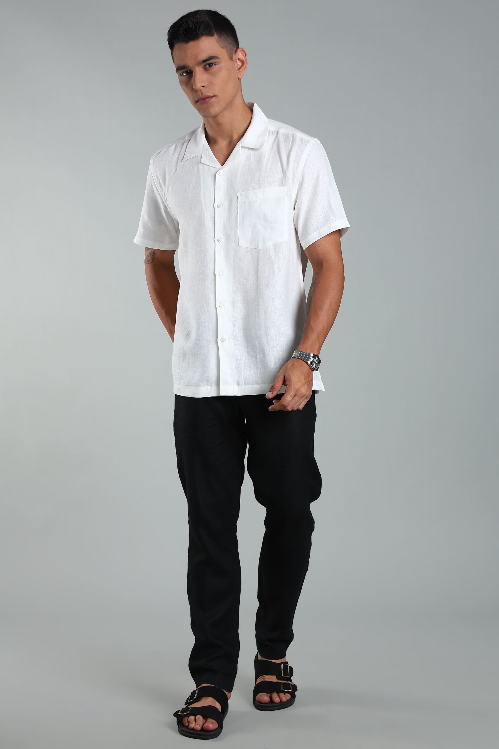 LINEN 100%  MENS SHIRT CUBAN COLLAR  HALF SLEEVES SLIT AT SIDE - WHITE - Image 4