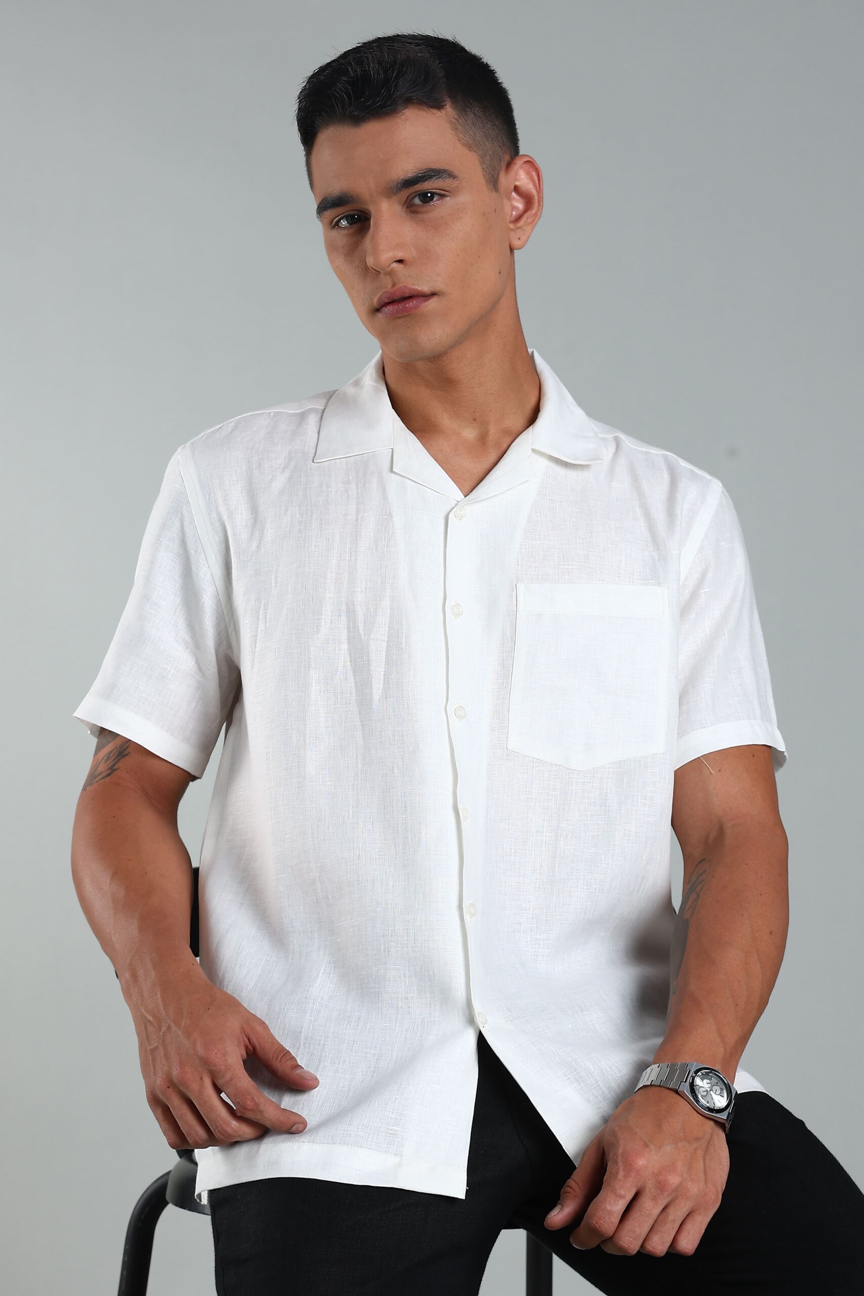 LINEN 100%  MENS SHIRT CUBAN COLLAR  HALF SLEEVES SLIT AT SIDE - WHITE - Image 2