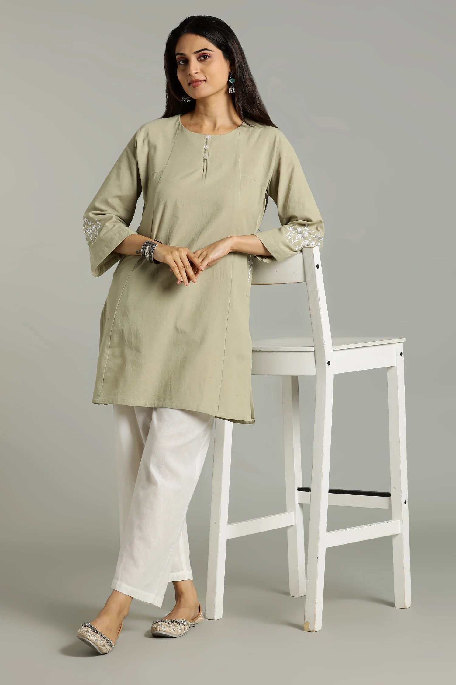 NATURAL DYED YARN HANDLOOM KALIDHAR TUNIC GREEN - Image 2