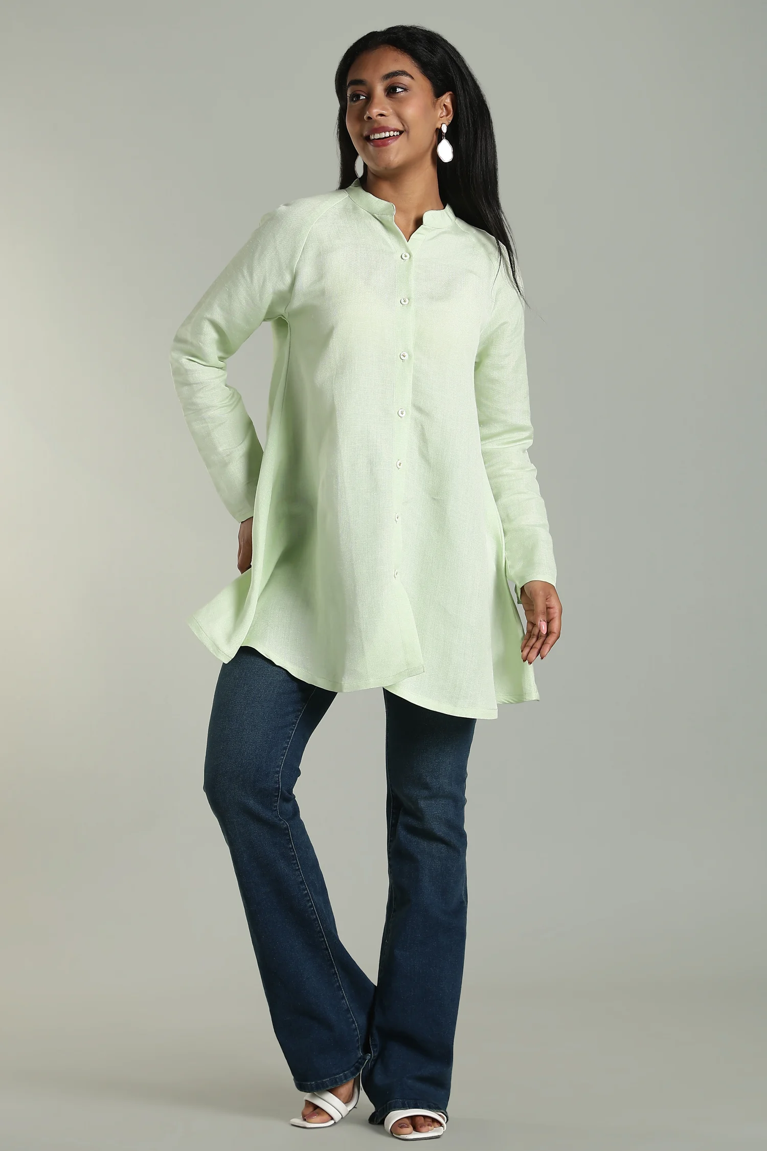 LINEN VISCOSE TUNIC RAGLAN FLARED GREEN - Image 4