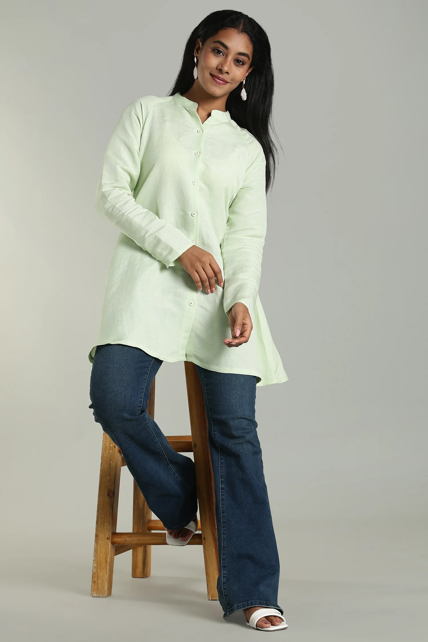 LINEN VISCOSE TUNIC RAGLAN FLARED GREEN - Image 2