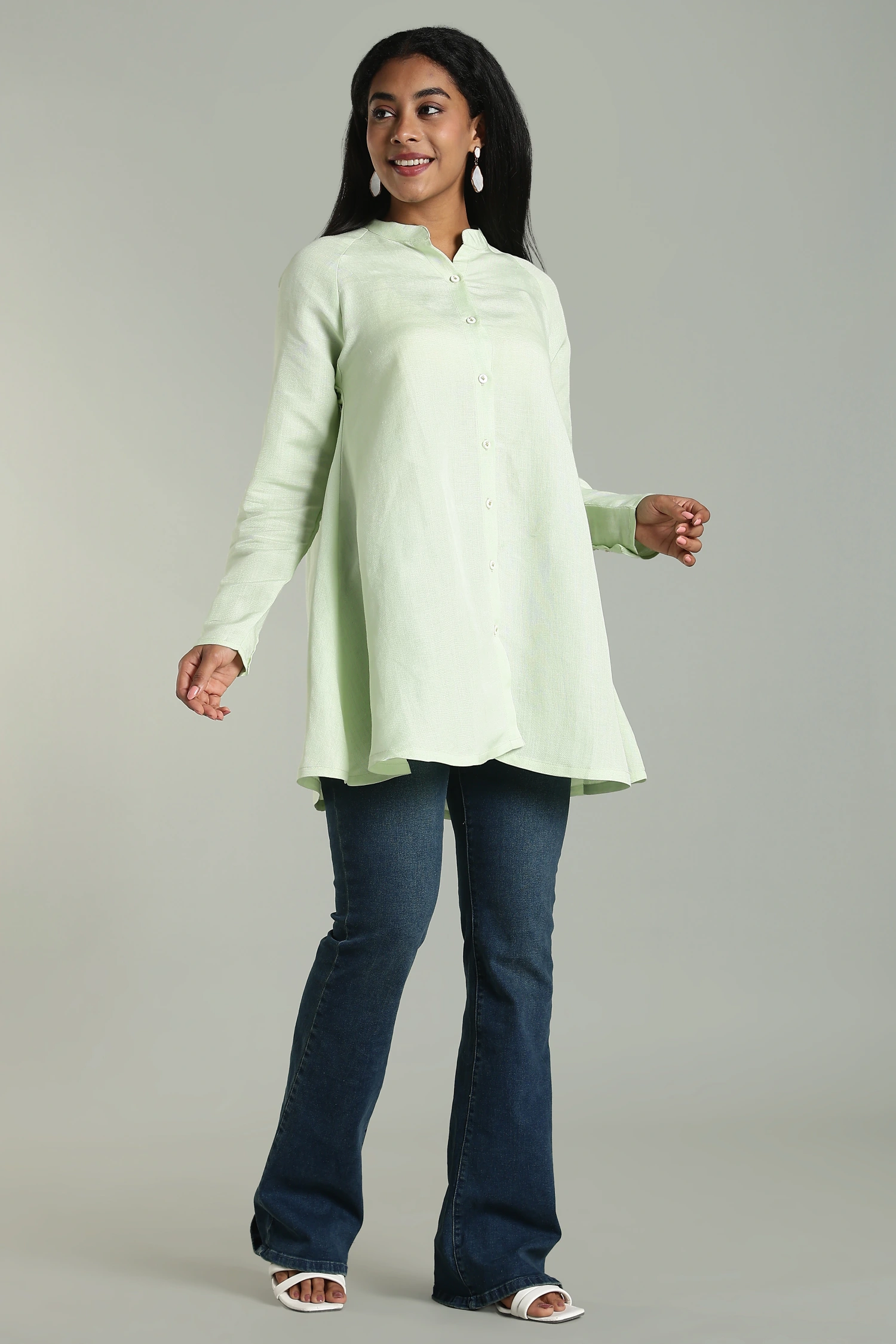 LINEN VISCOSE TUNIC RAGLAN FLARED GREEN