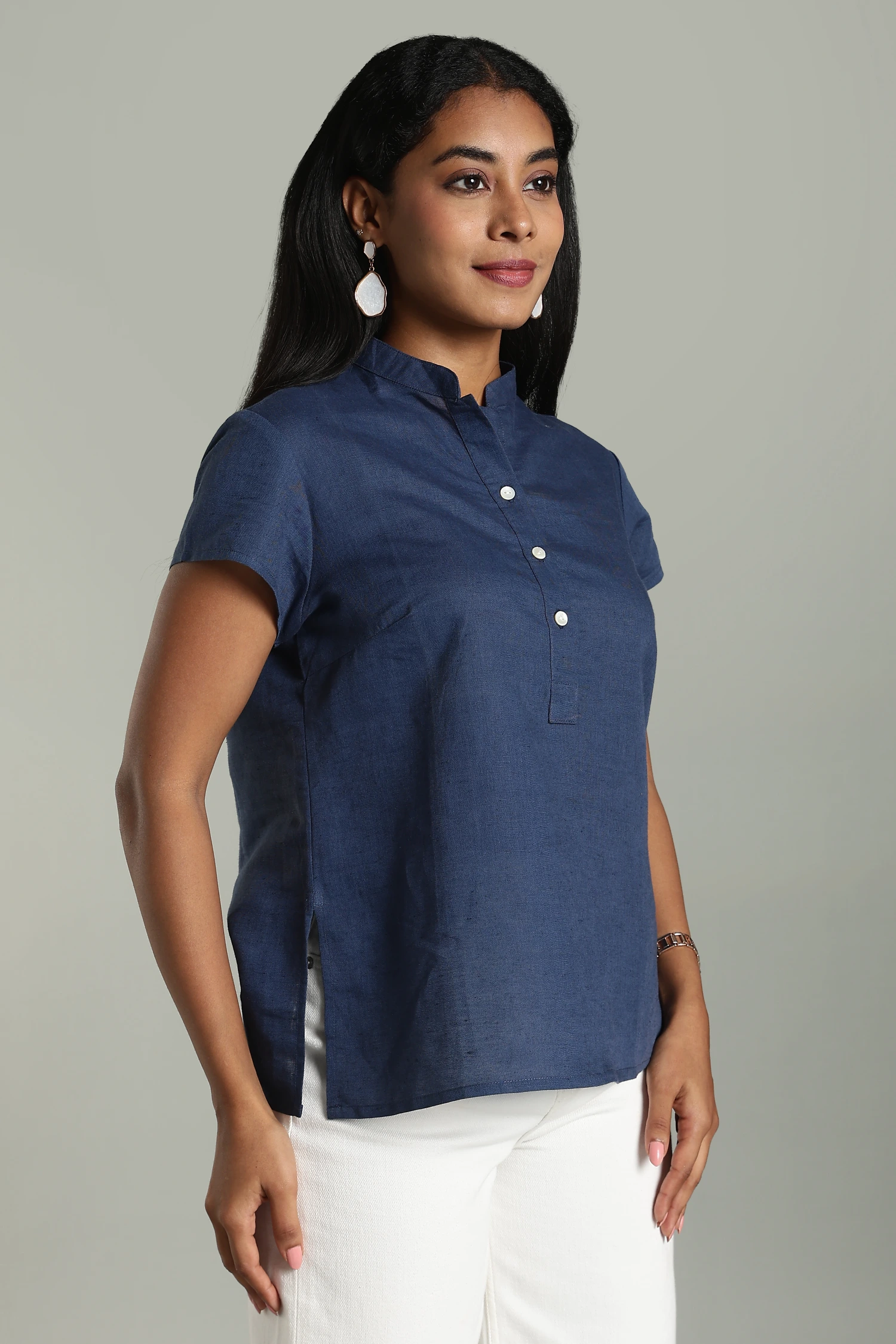 LINEN COTTON CAP SLV TOP BLUE - Image 4