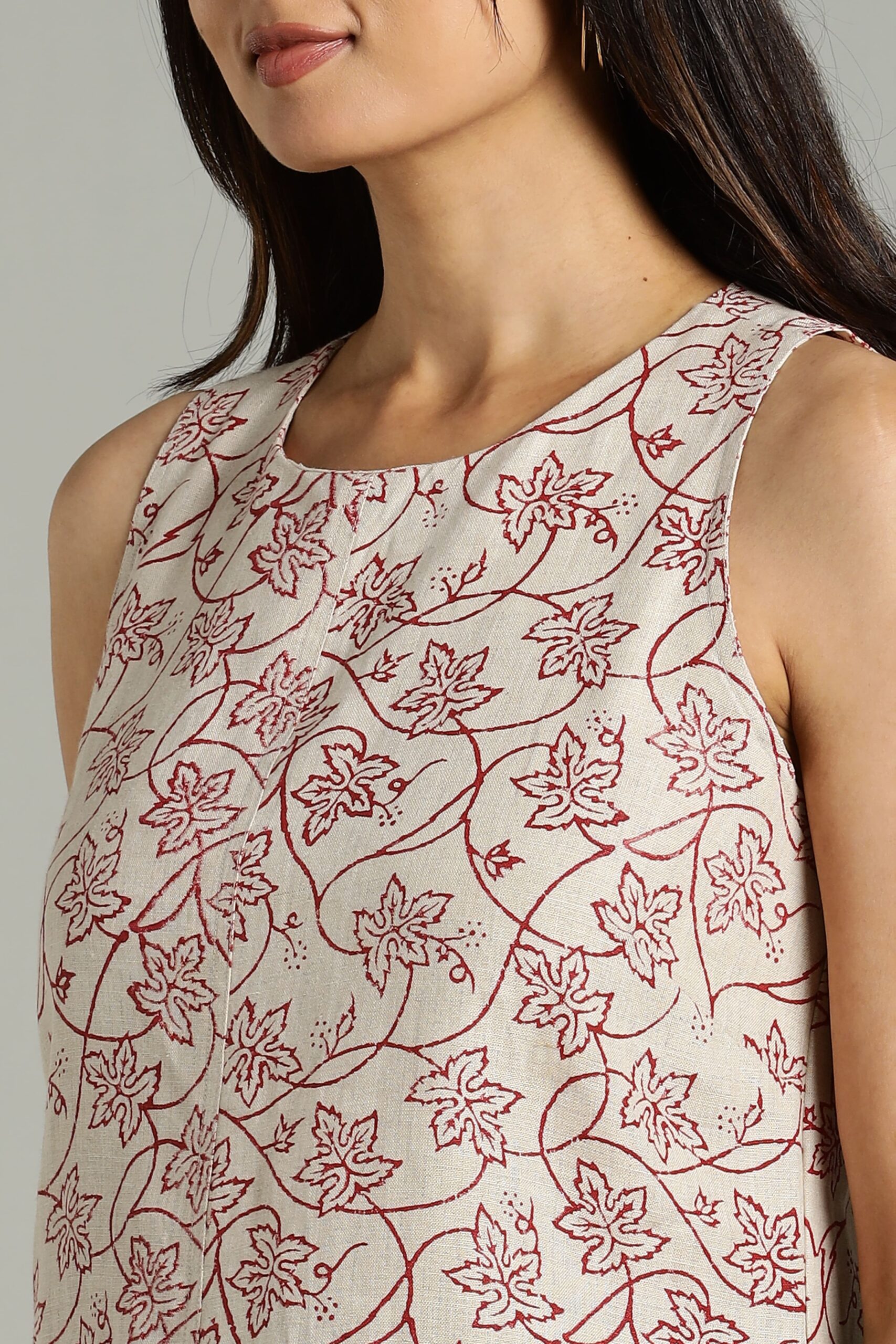 LINEN DRESS BLOCK PRINTED SLEEVELESS SHIFT - BEIGE - Image 5
