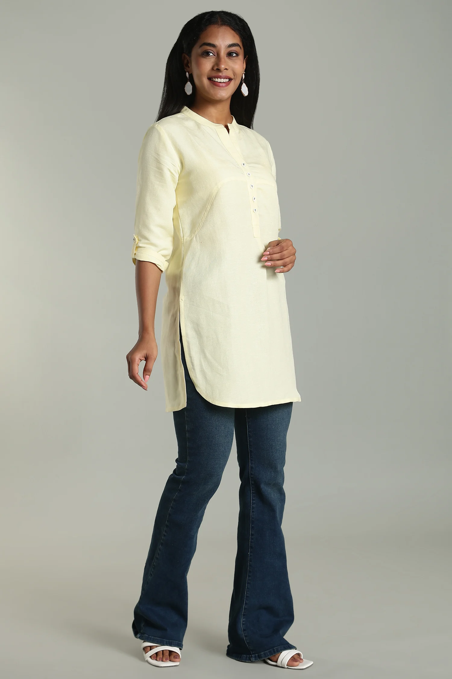 LINEN VISCOSE TUNIC ASSYMETRIC YOKE YELLOW - Image 5