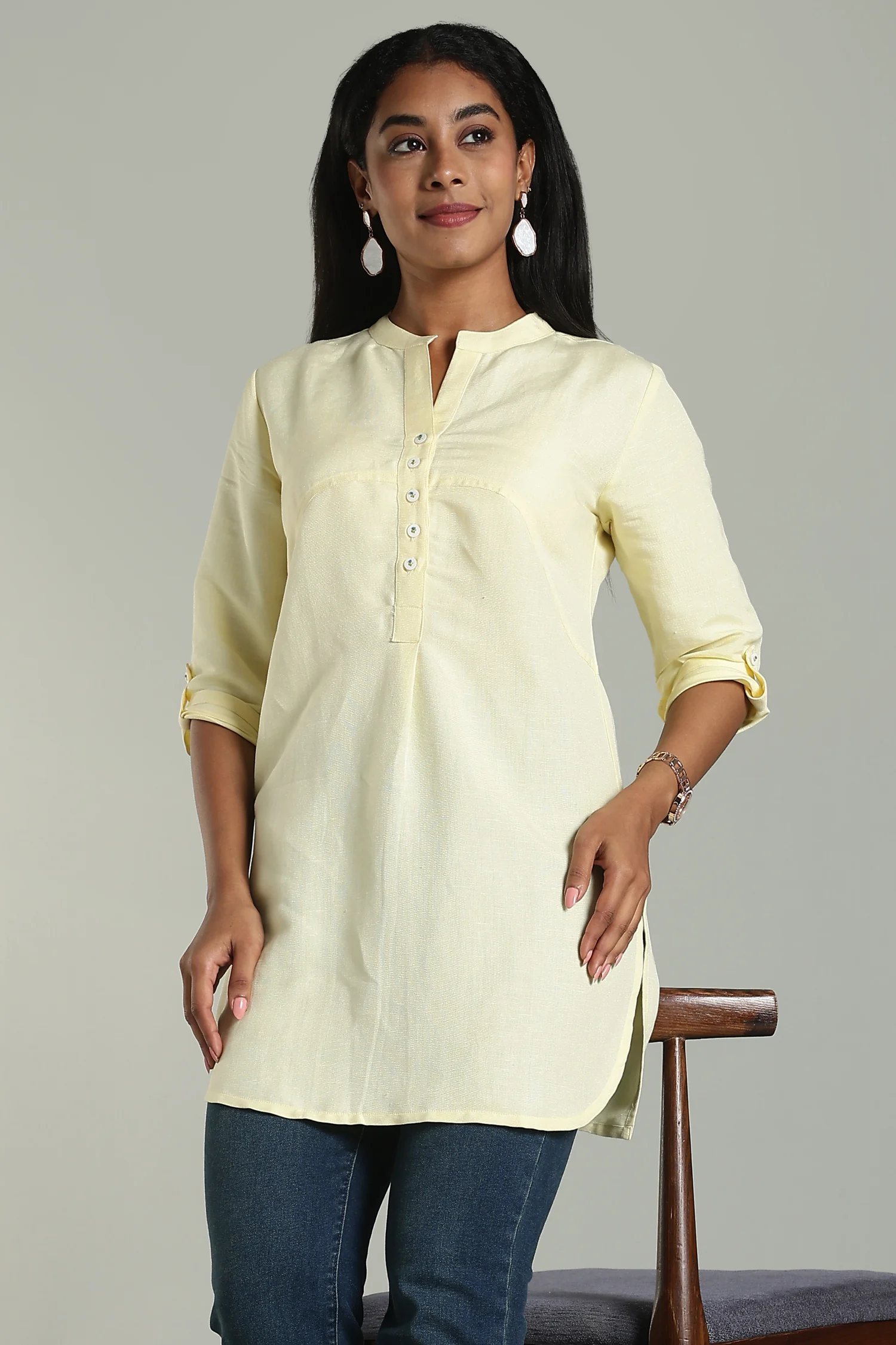 LINEN VISCOSE TUNIC ASSYMETRIC YOKE YELLOW