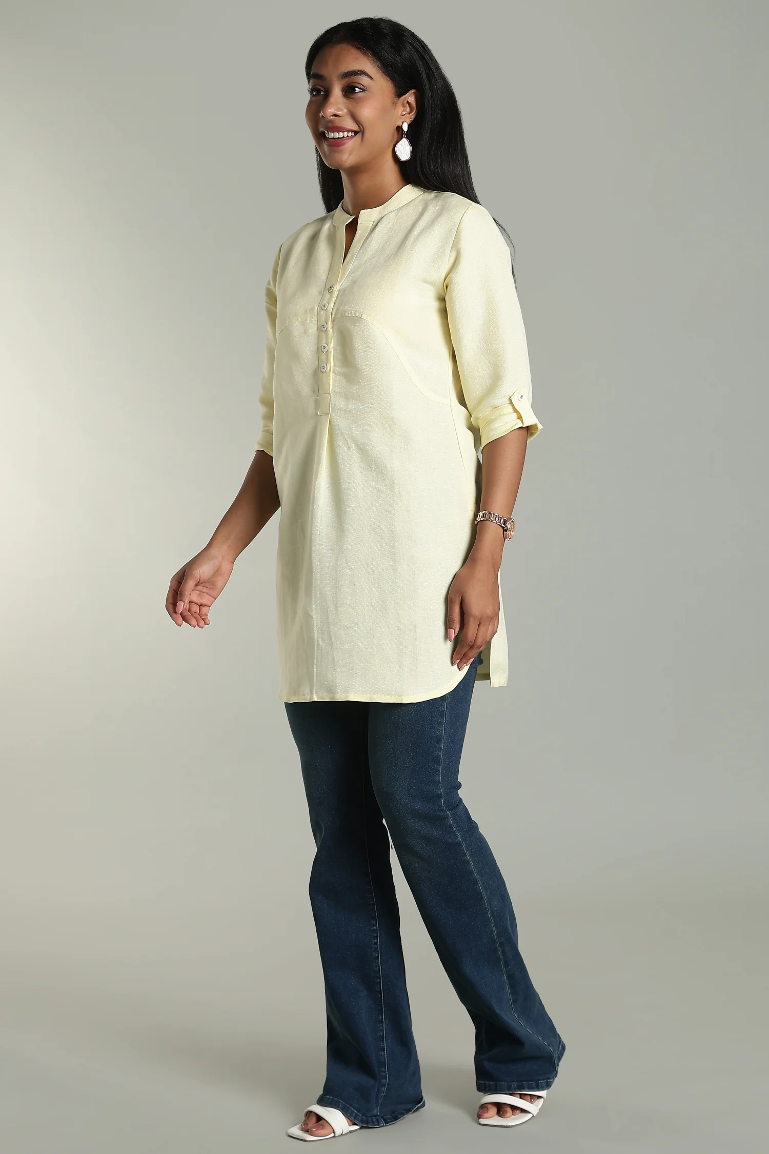 LINEN VISCOSE TUNIC ASSYMETRIC YOKE YELLOW - Image 3