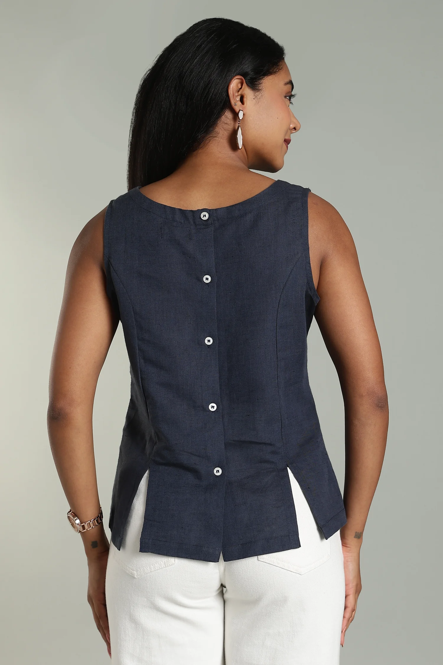 LINEN BLEND TOP BOAT NECK SLIT DETAIL BLUE - Image 3