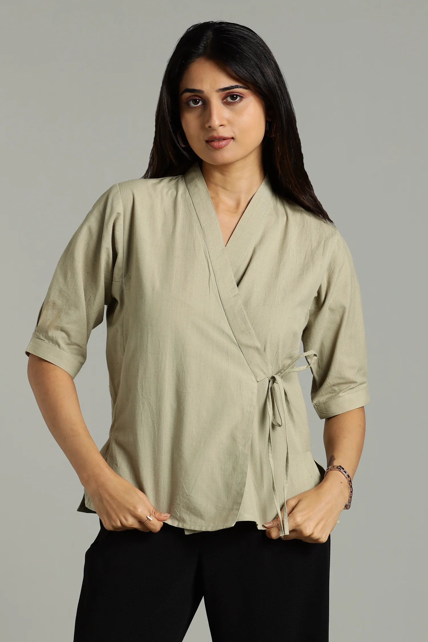 NATURAL DYED YARN HANDLOOM TOP CROSSOVER GREEN