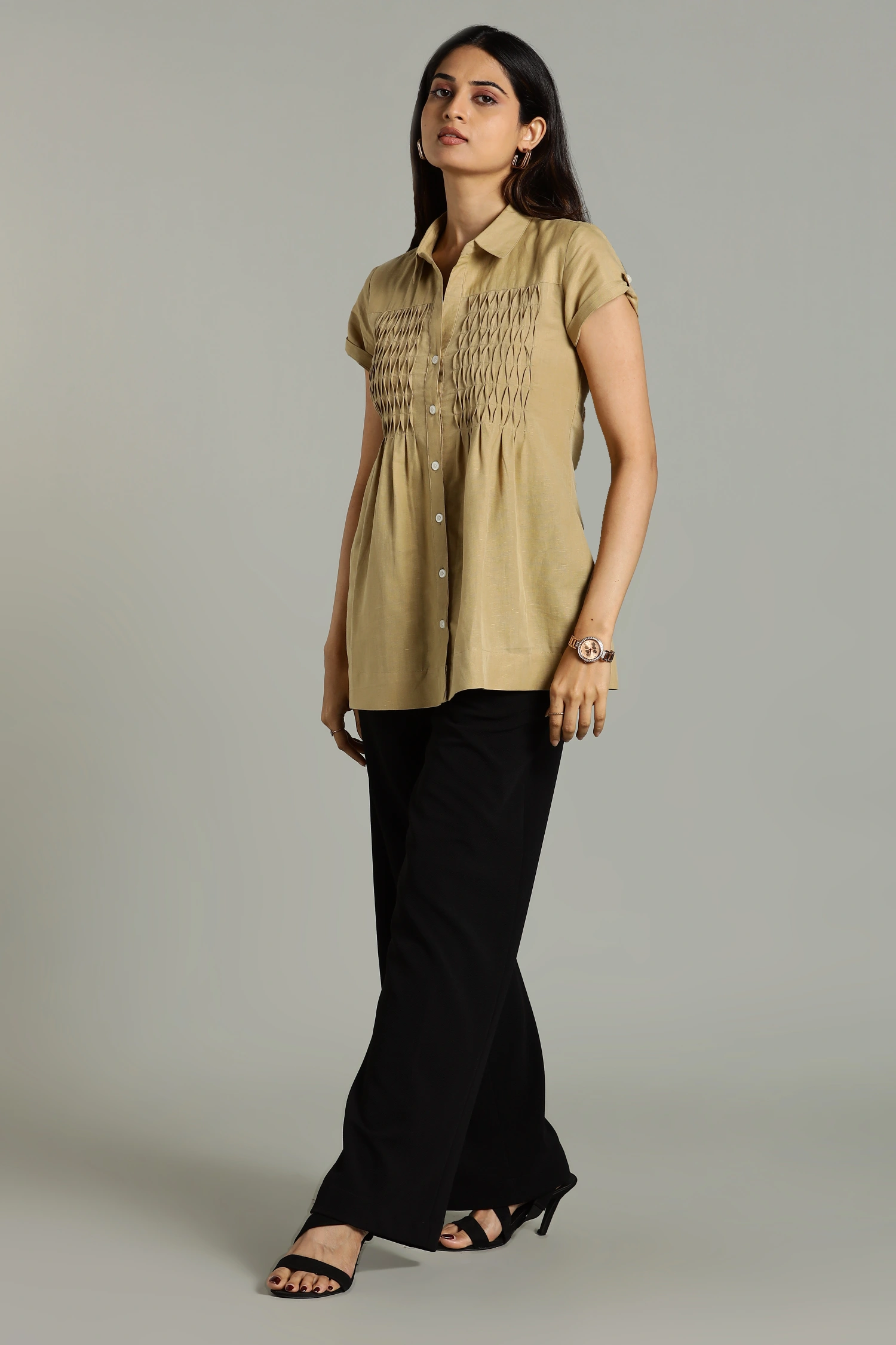LINEN COTTON PINTUCK HALF SLEEVES BEIGE - Image 6