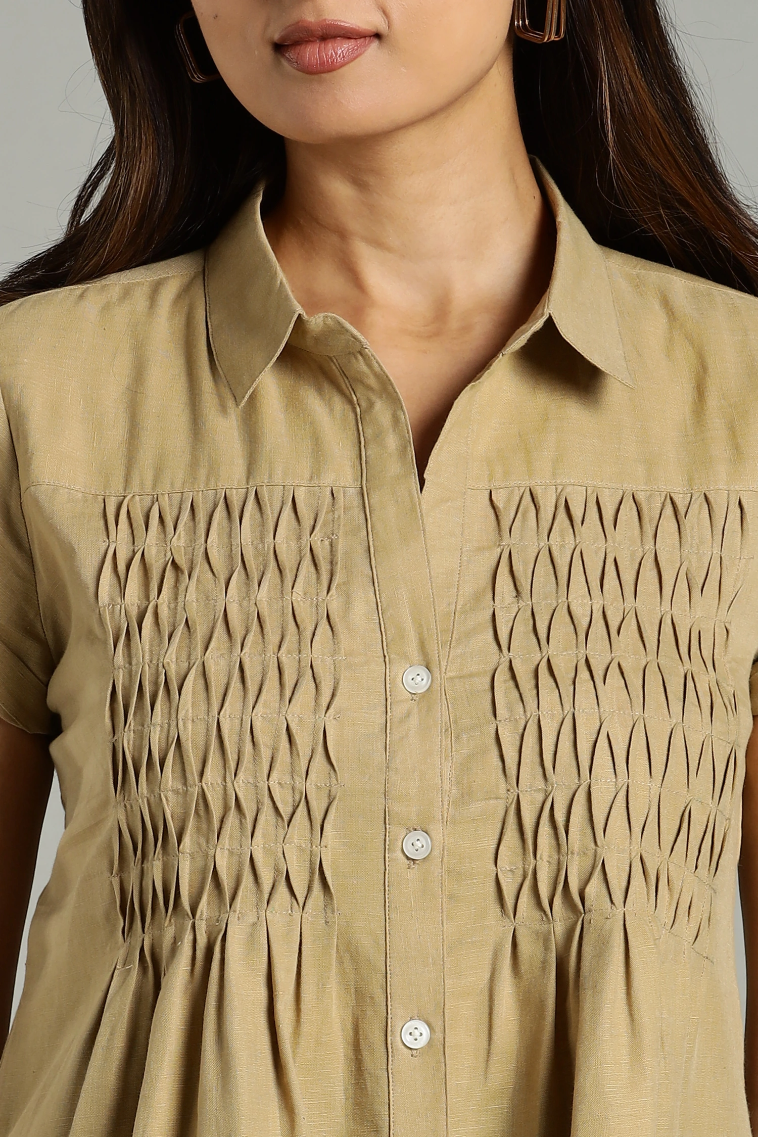LINEN COTTON PINTUCK HALF SLEEVES BEIGE - Image 5