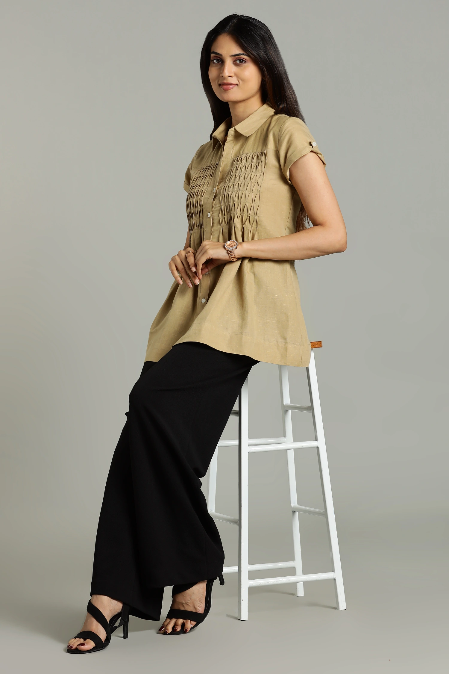 LINEN COTTON PINTUCK HALF SLEEVES BEIGE - Image 4