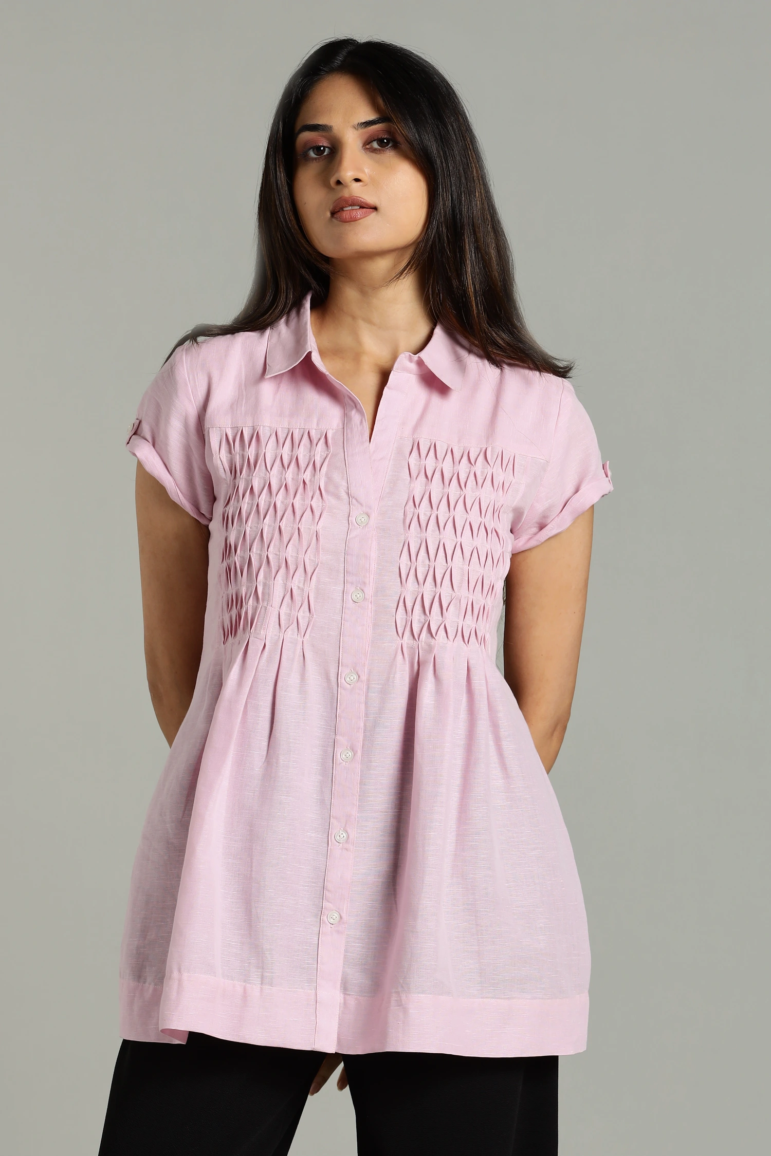 LINEN COTTON PINTUCK HALF SLEEVES PINK