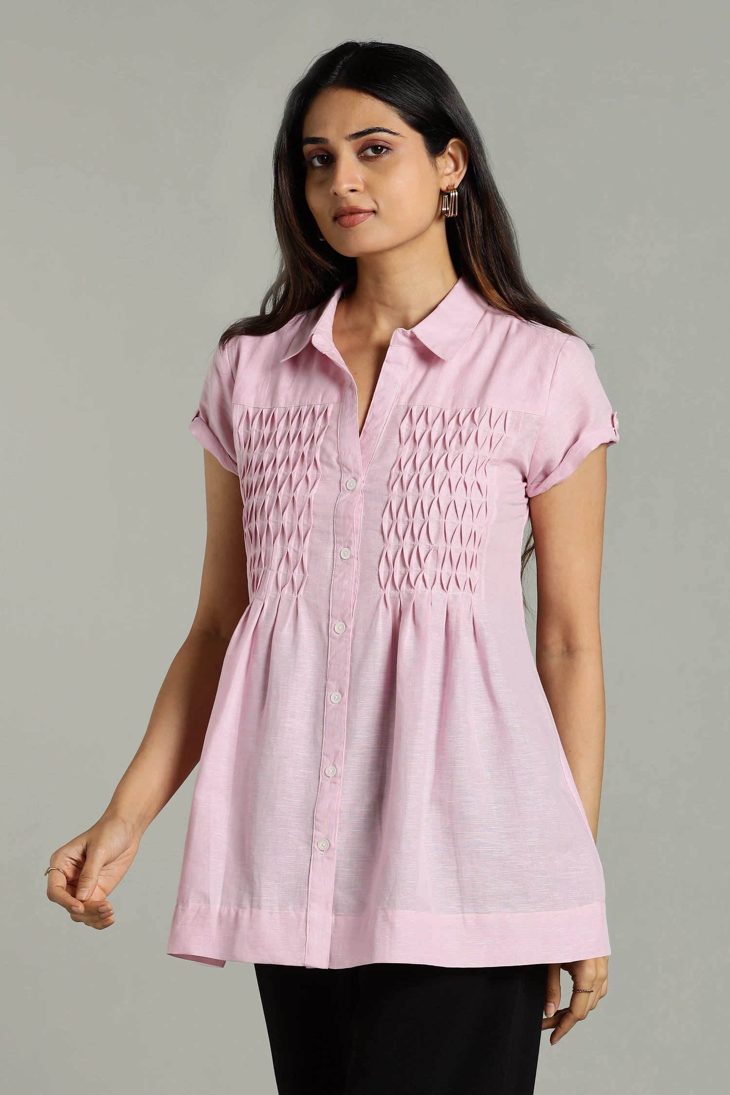 LINEN COTTON PINTUCK HALF SLEEVES PINK - Image 5