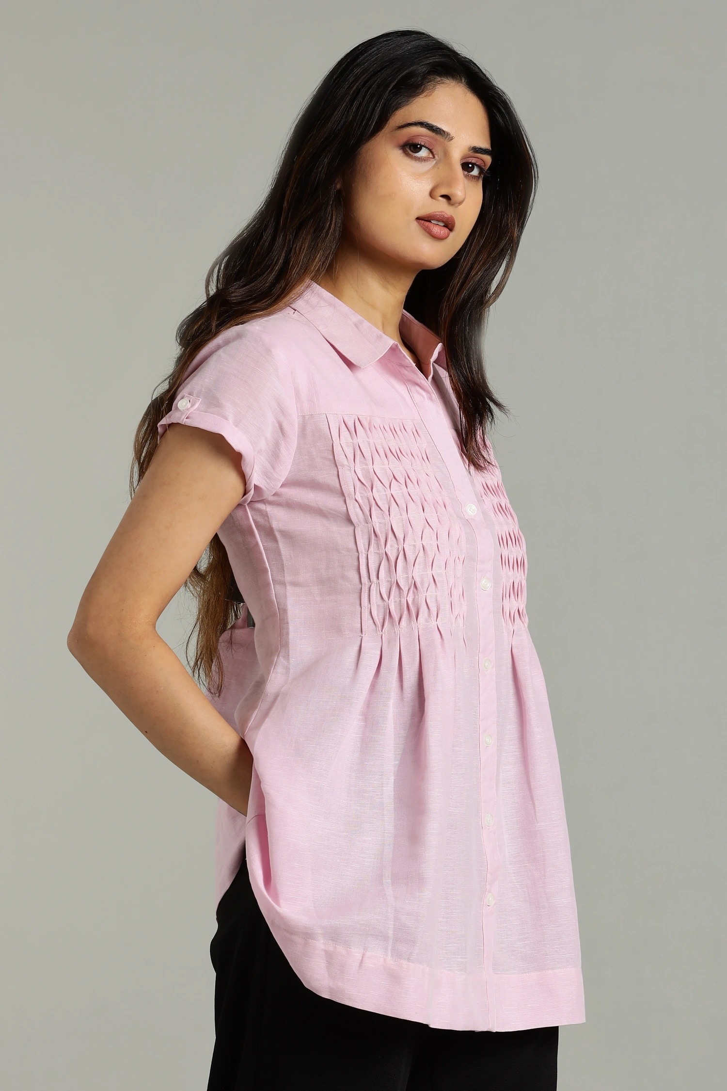 LINEN COTTON PINTUCK HALF SLEEVES PINK - Image 4