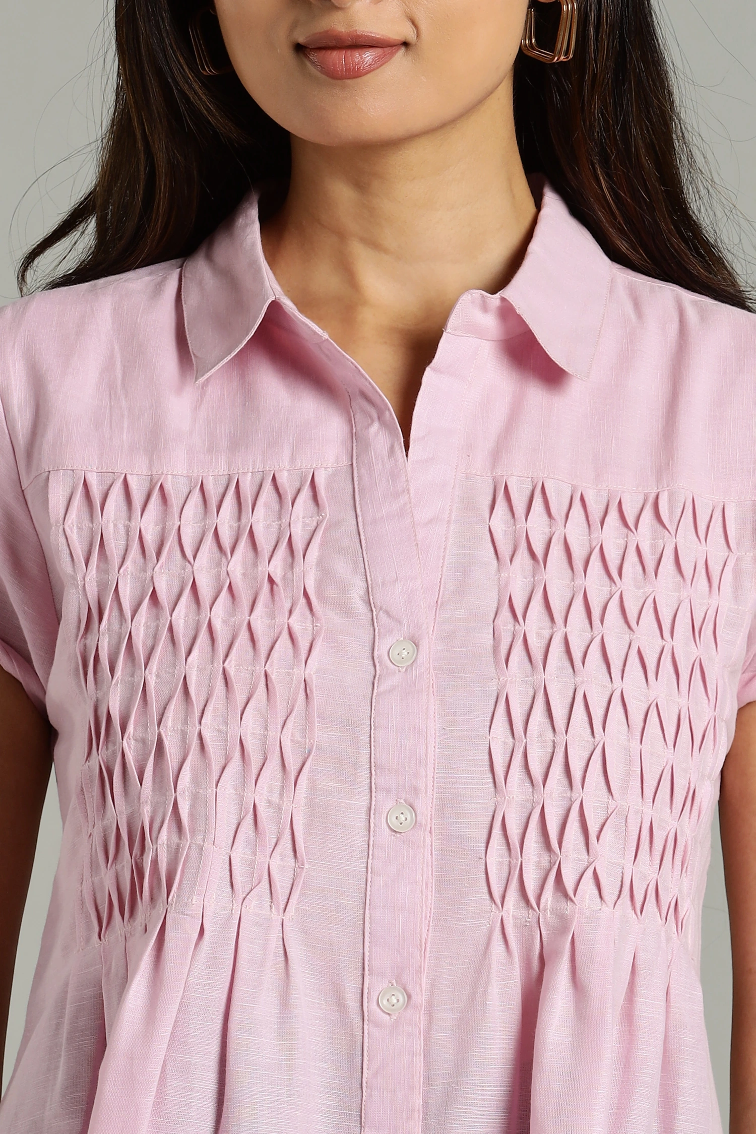 LINEN COTTON PINTUCK HALF SLEEVES PINK - Image 3