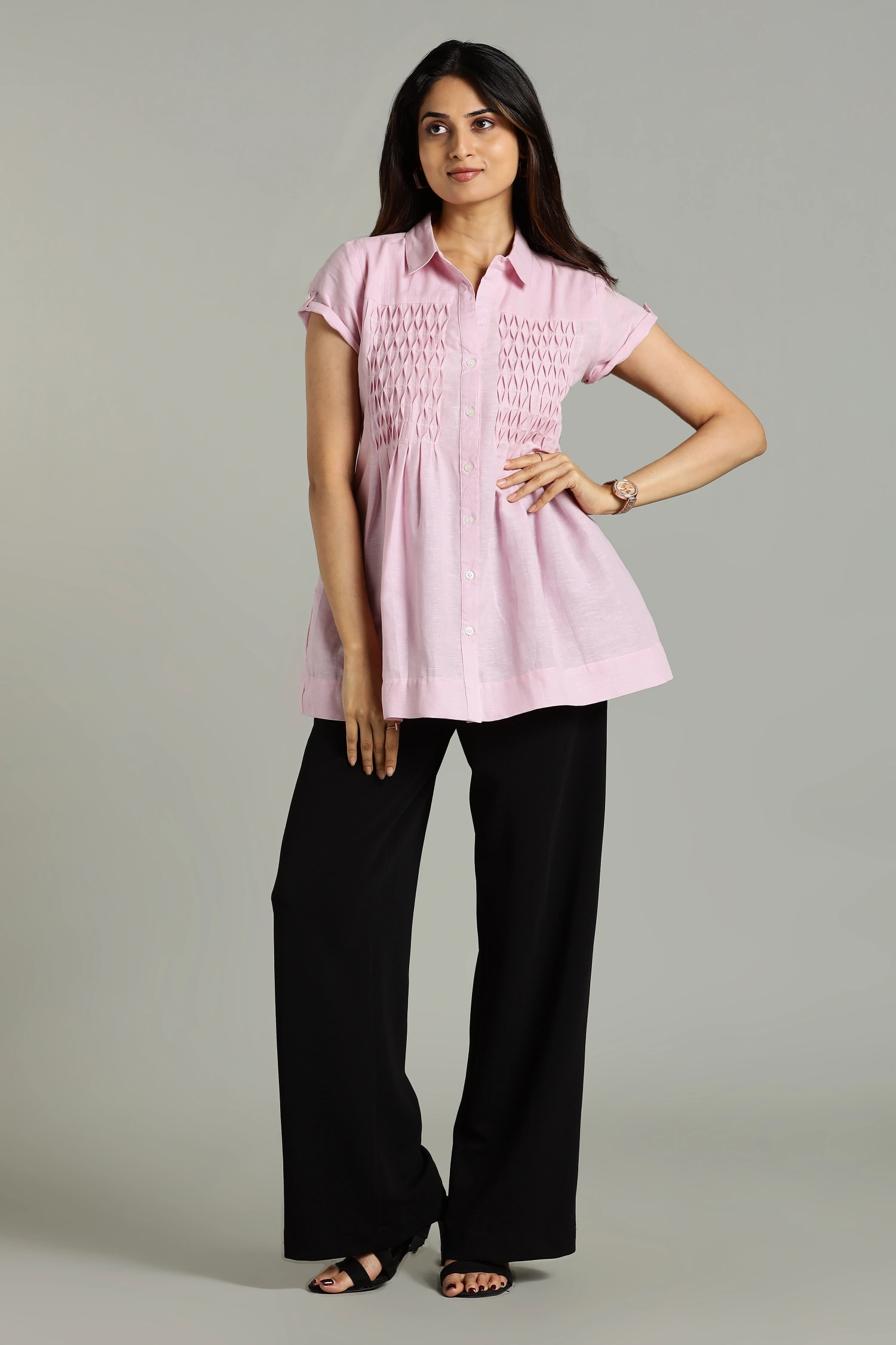 LINEN COTTON PINTUCK HALF SLEEVES PINK - Image 2