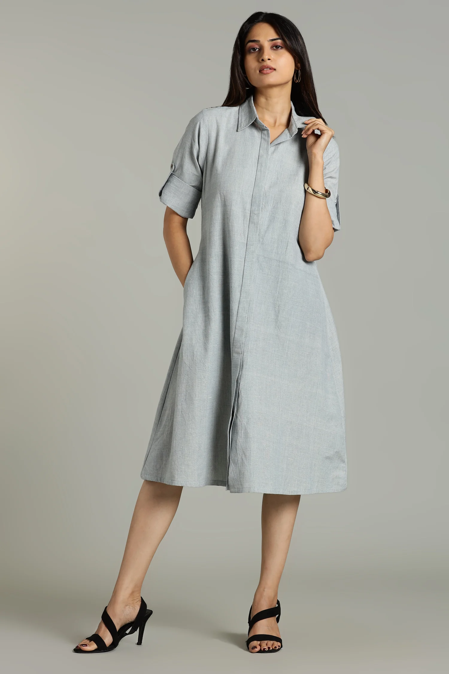 NATURAL DYED YARN HANDLOOM SHIRT DRESS INDIGO