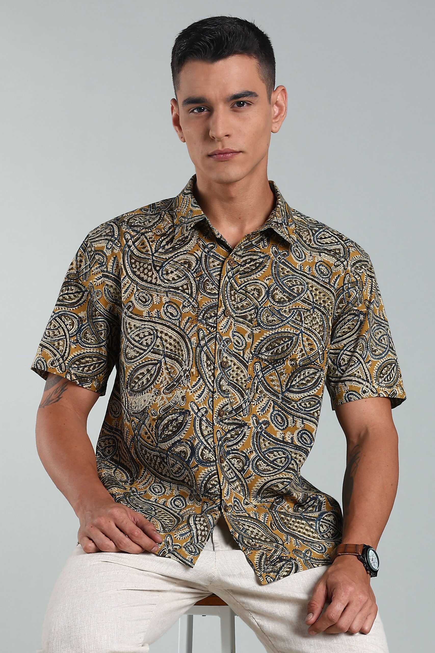 KALAMKARI MENS SHIRT REGULAR COLLAR HALF SLEEVES SLIT AT SIDE - YELLOW - Image 7