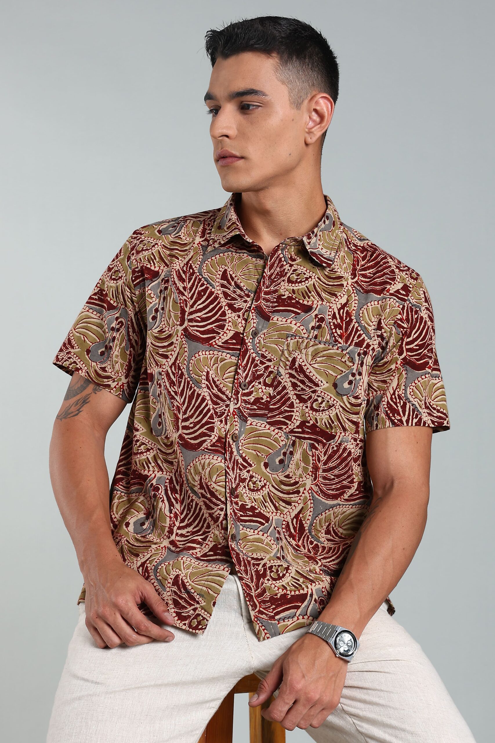 KALAMKARI MENS SHIRT REGULAR COLLAR HALF SLEEVES SLIT AT SIDE - COLA - Image 7