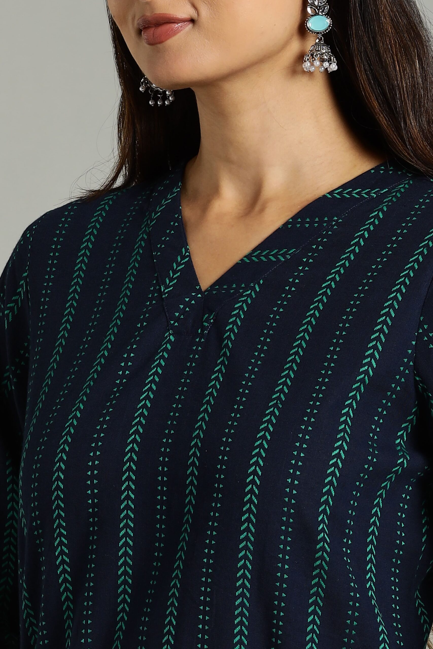 KURTA SOUTH C V NECK BELL SLEEVE -BLUE - Image 2