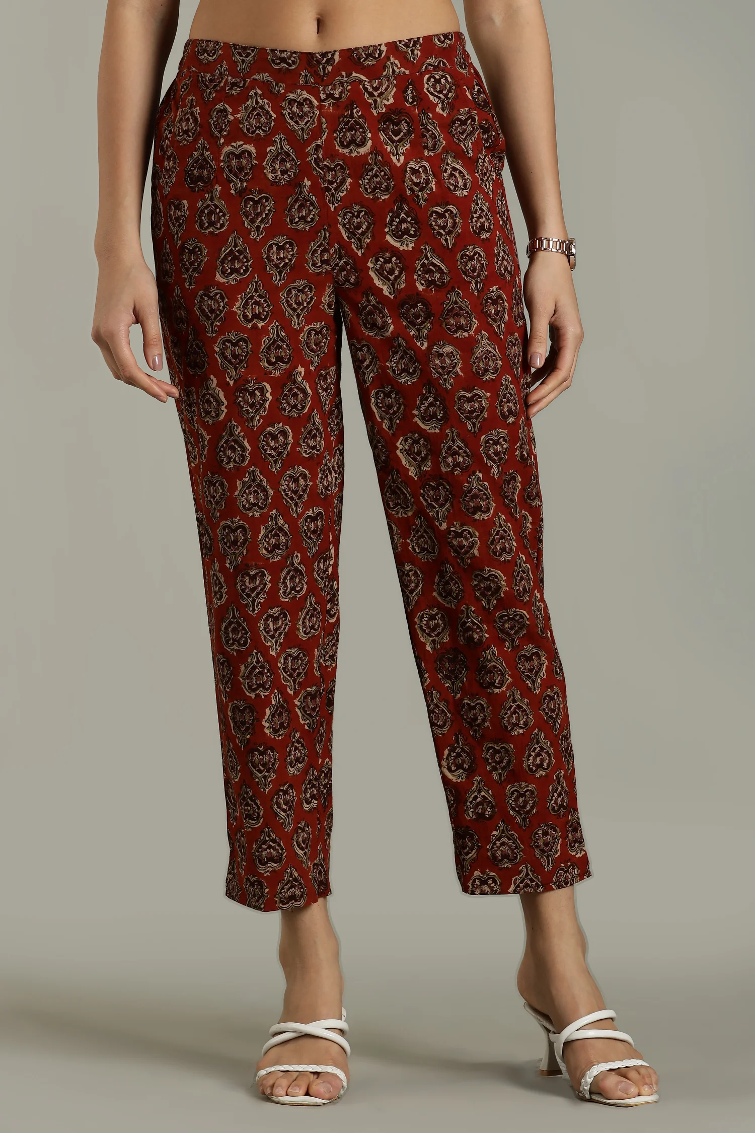 KALAMKARI COTTON TAPERED PANT SLIT AT HEM RUST