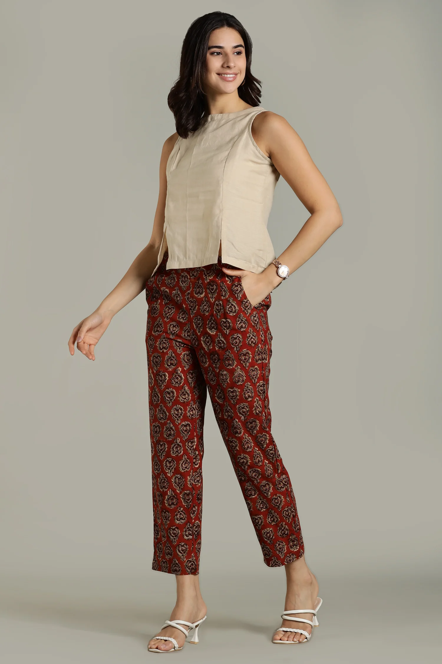 KALAMKARI COTTON TAPERED PANT SLIT AT HEM RUST - Image 4