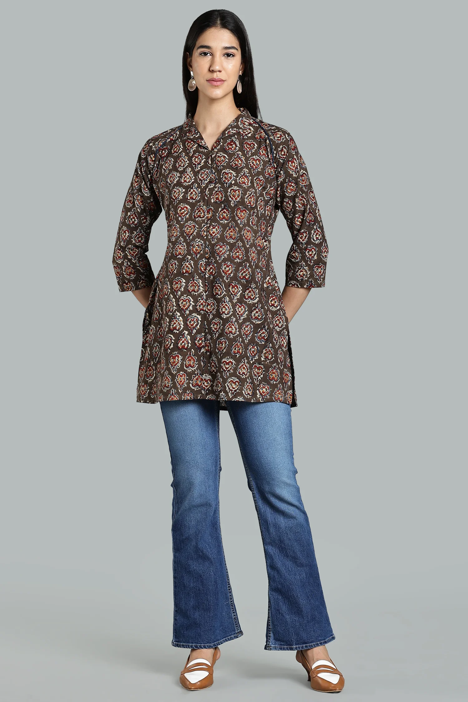 KALAMKARI COTTON TUNIC RAGLAN HIGH NECK GREEN - Image 5