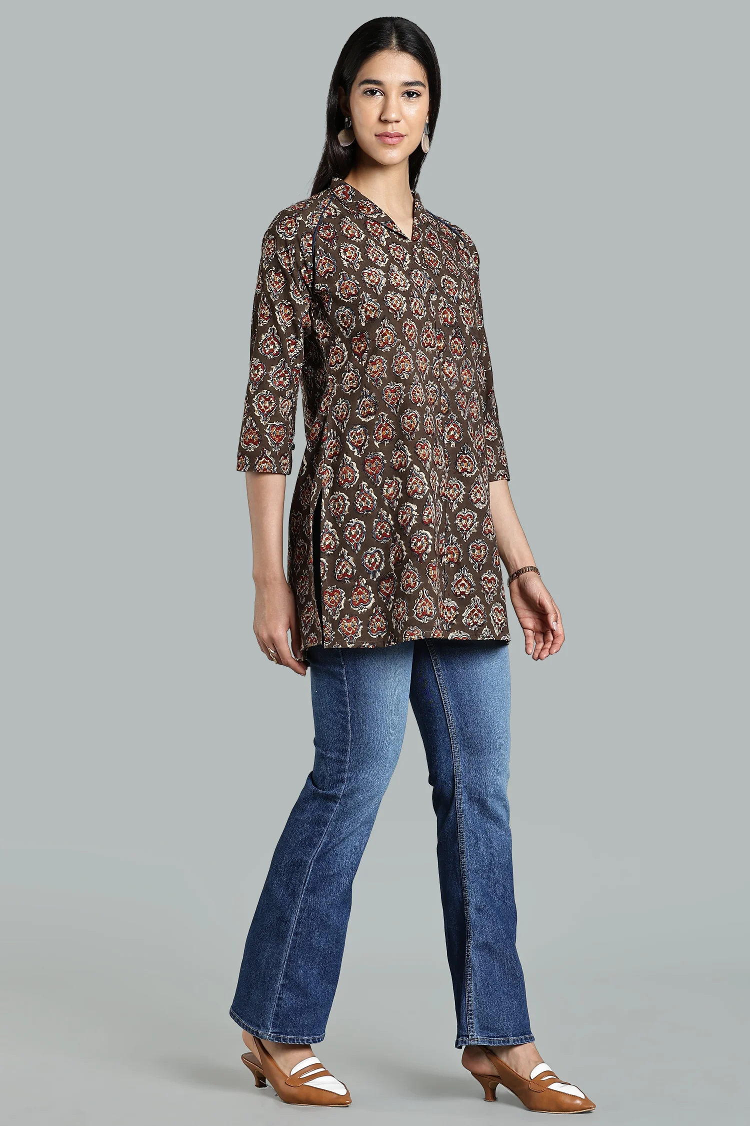 KALAMKARI COTTON TUNIC RAGLAN HIGH NECK GREEN - Image 4