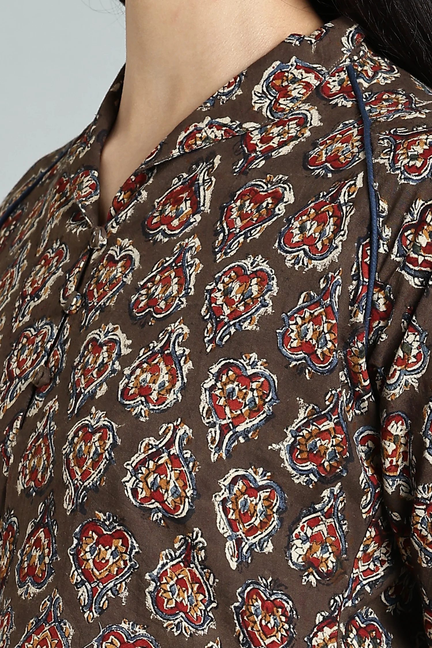 KALAMKARI COTTON TUNIC RAGLAN HIGH NECK GREEN - Image 2