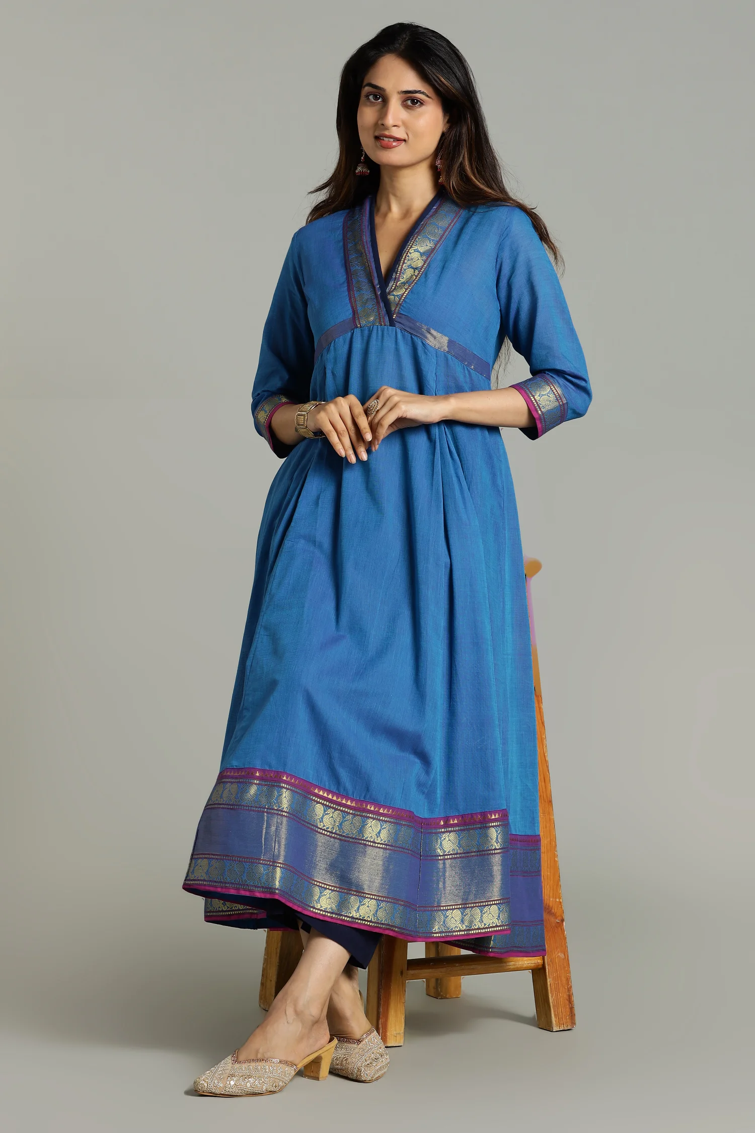 KURTA SOUTH C FUNNEL NECK BOTTOM BORDER BLUE - Image 6